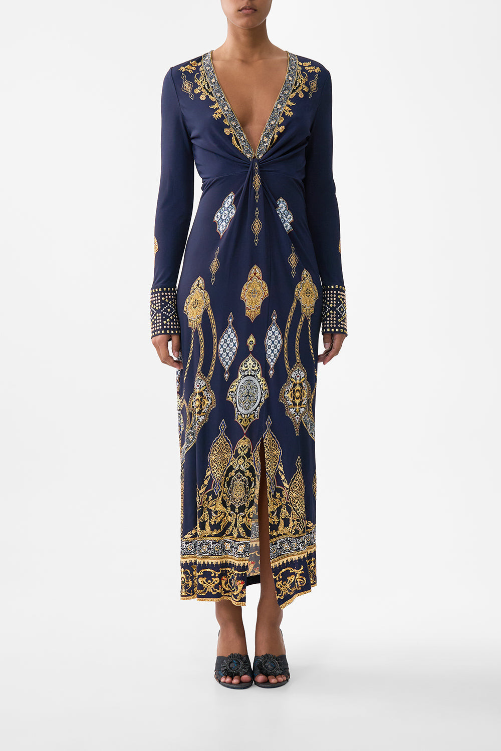 LONG V NECK TWIST FRONT JERSEY DRESS - 2