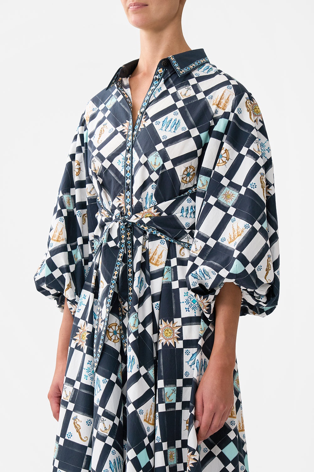 WAIST TIE SHIRT DRESS WITH BUBBLE SLEEVE - 5