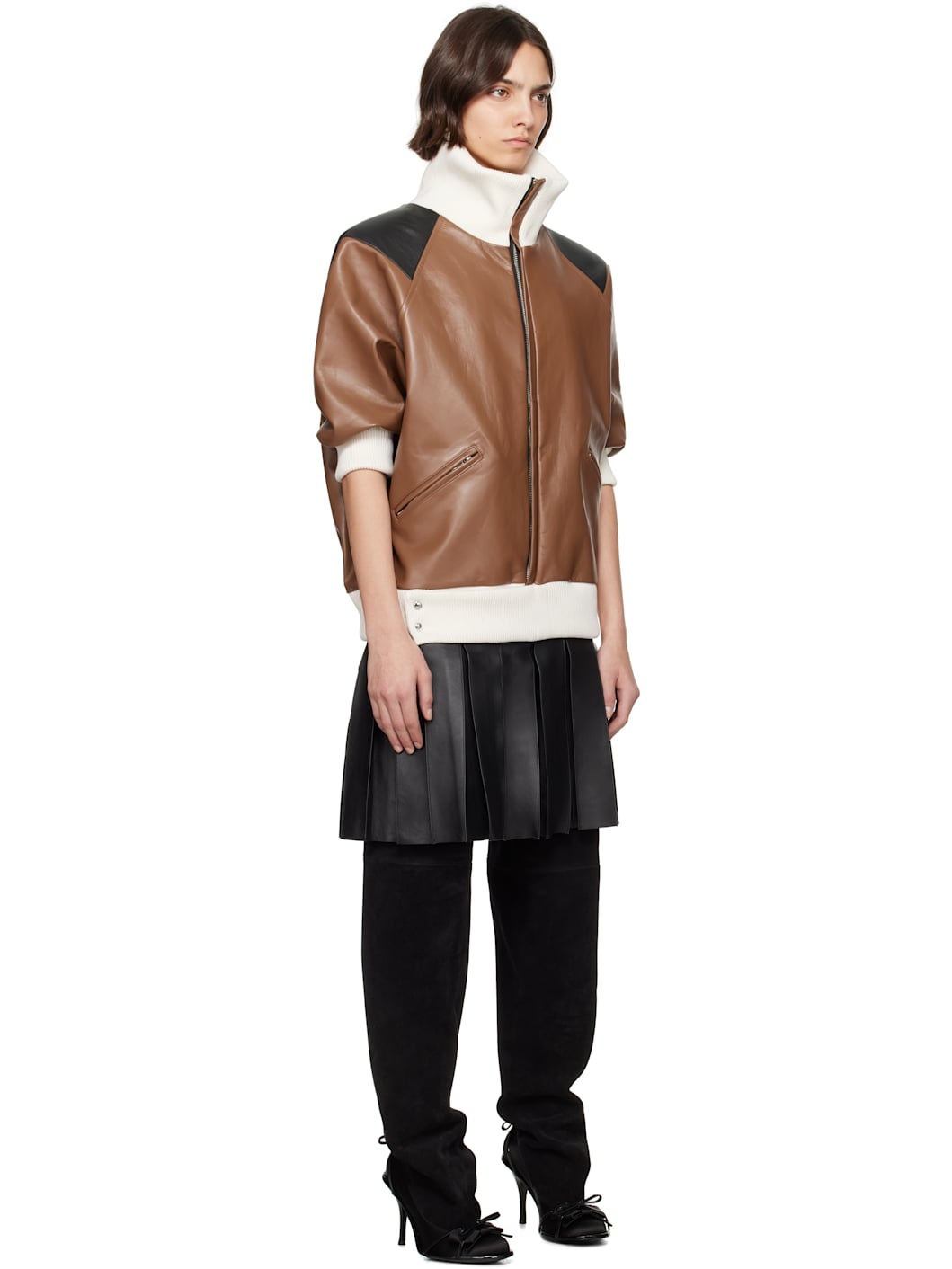 Brown & Black Leather Bomber Minidress - 2