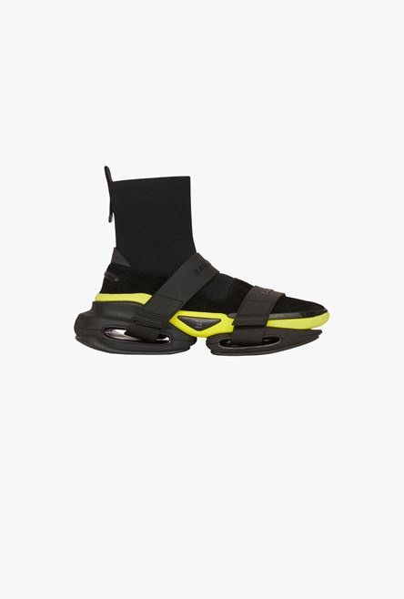 Black and yellow suede and knit B-Bold high-top sneakers with straps - 1