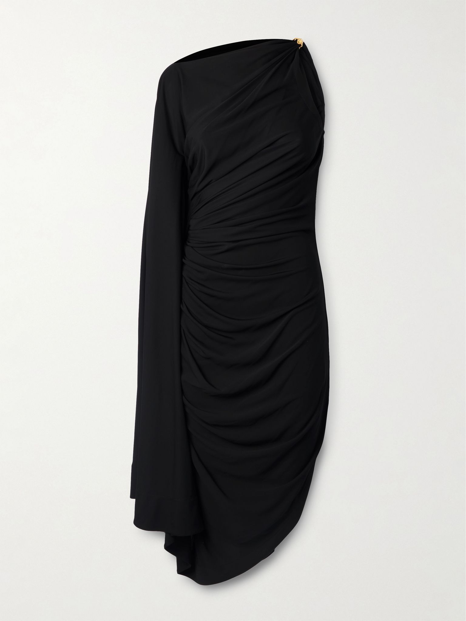 Asymmetric cape-effect embellished draped jersey dress Black - 1