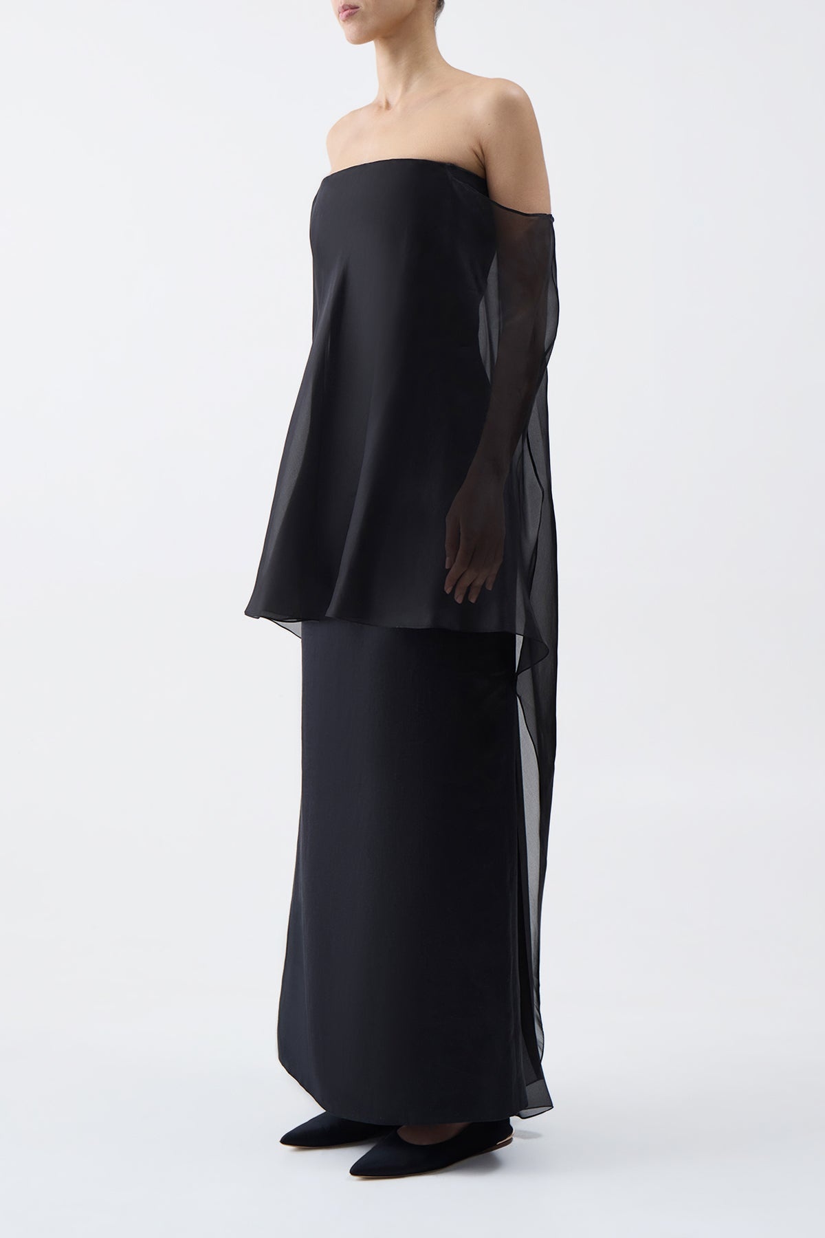 Marisha Dress in Black Textured Linen with Silk Organza Sheer Cape - 3