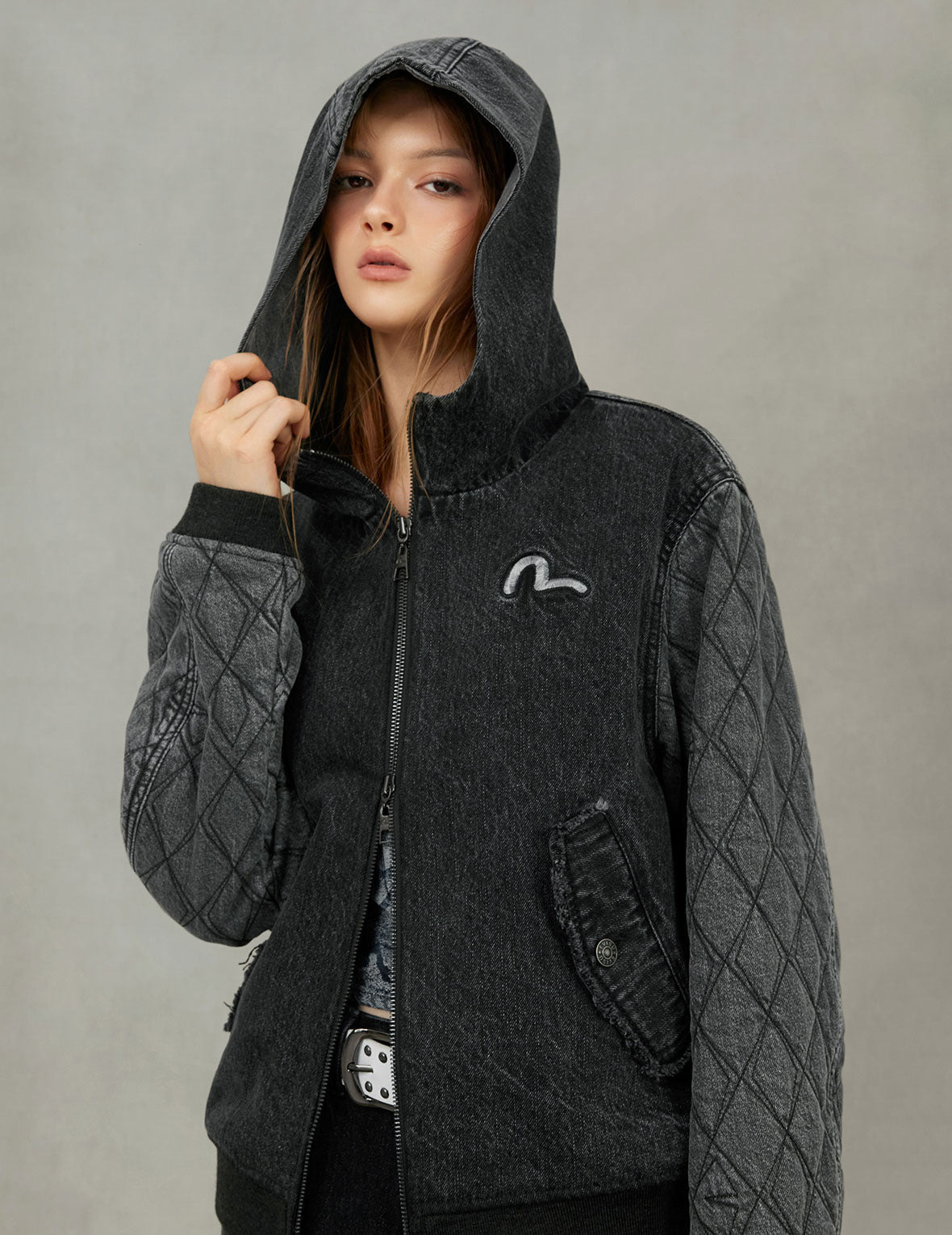 Seagull Embroidery Fashion Fit Hooded Padded Denim Jacket - 13