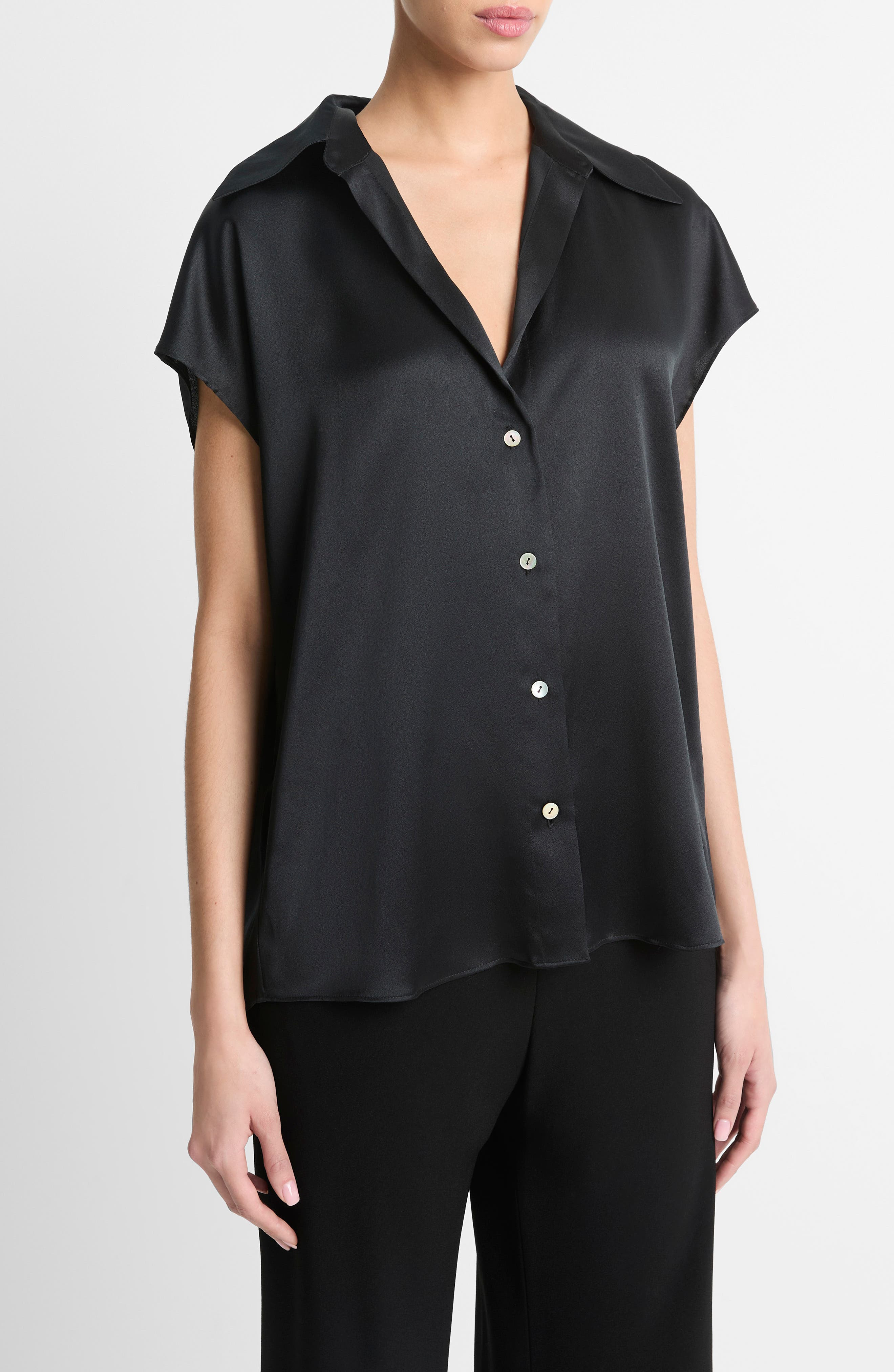 Vince Cap Sleeve Gathered Back Short Sleeve Silk Button-Up Shirt in Black at Nordstrom - 3