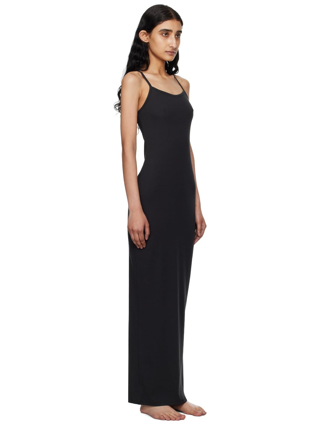 Black Cotton Rib Long Cami Maxi Dress - 2