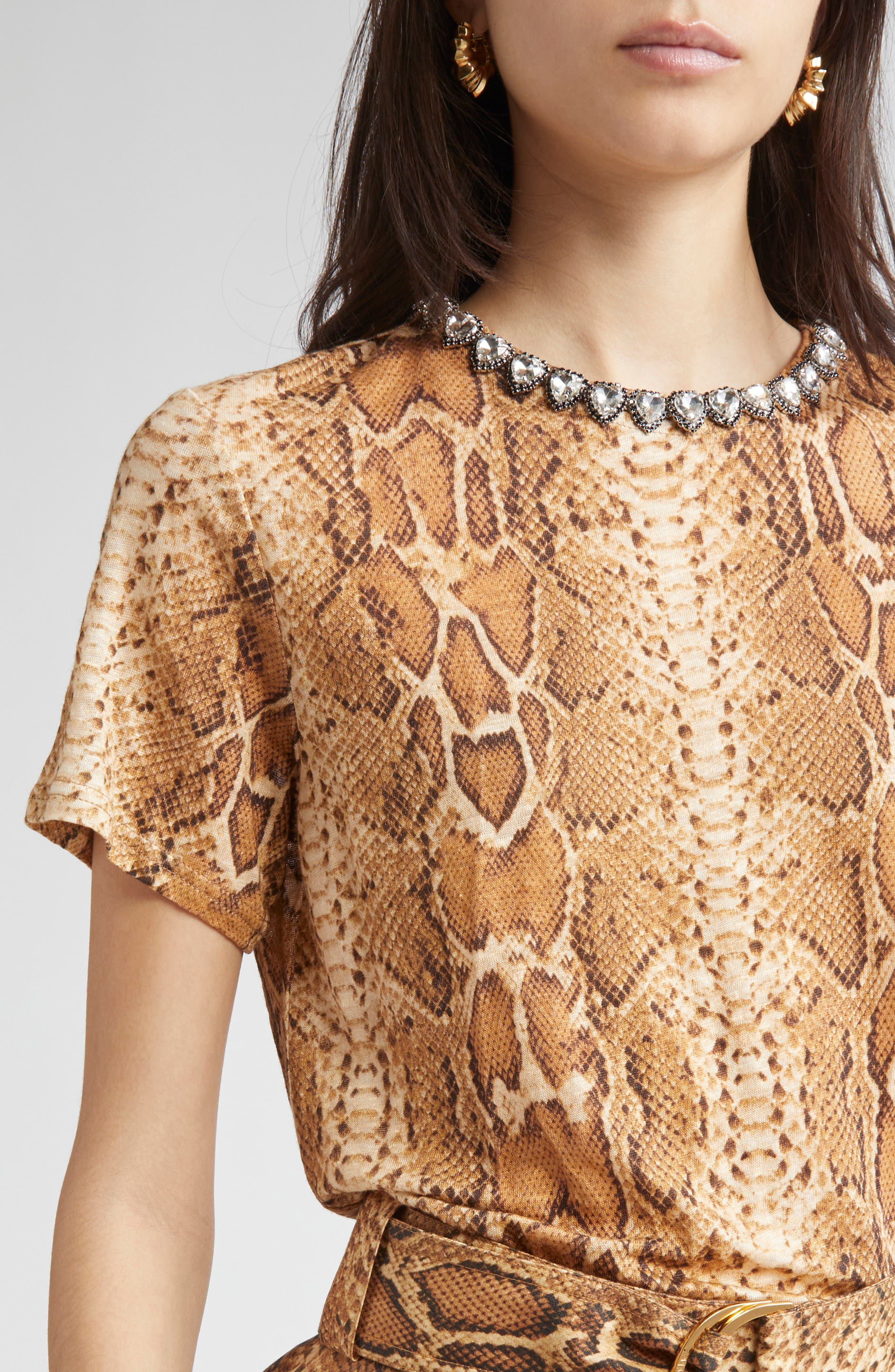 Zimmermann Crystal Embellished Linen T-Shirt in Toffee Snake at Nordstrom - 5