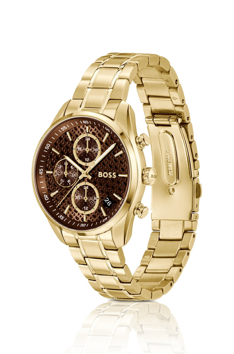 BOSS GOLD-TONE WATCH WITH MONOGRAM-TEXTURED DIAL outlook