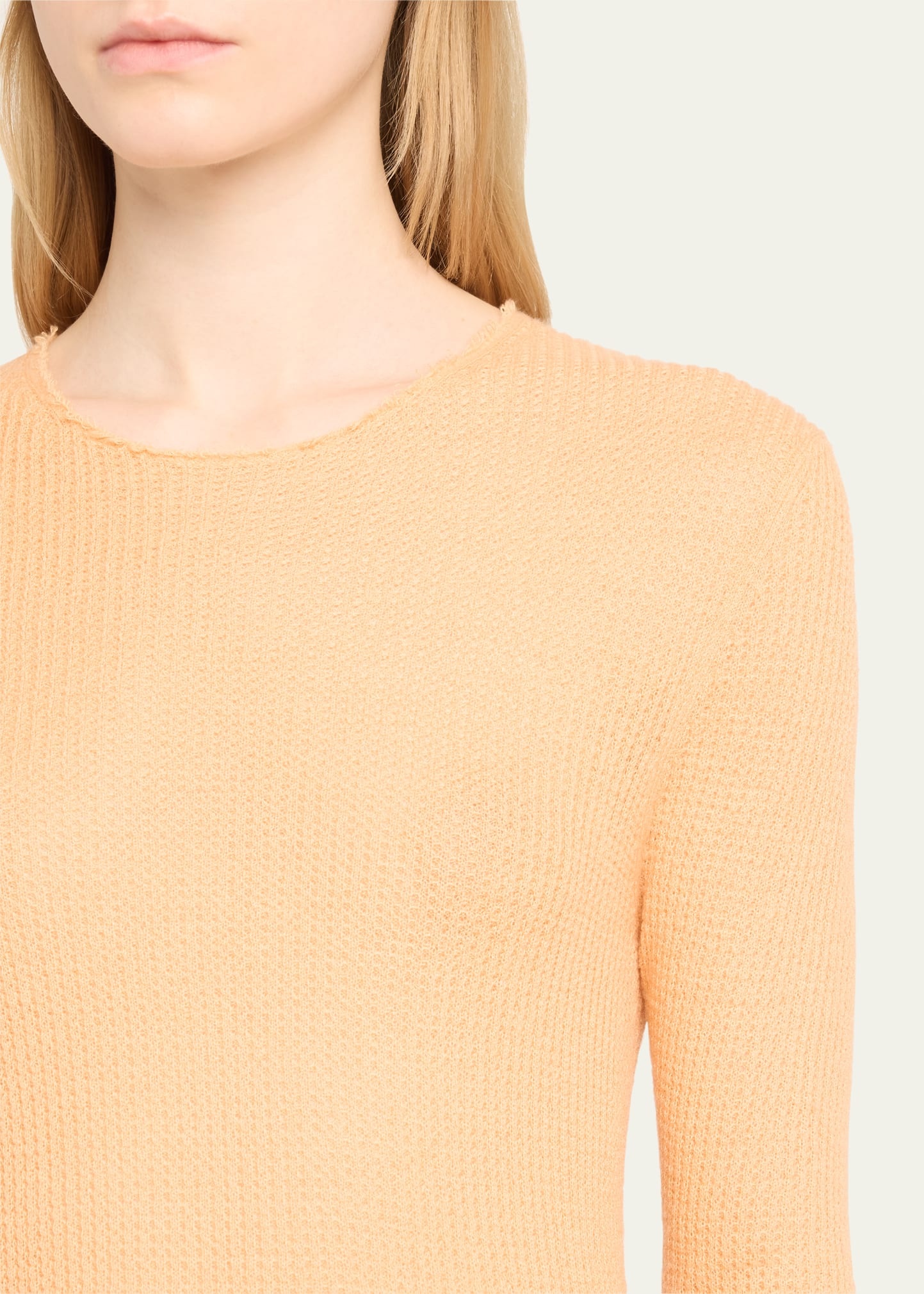 Waffle-Stitch Cashmere Silk Crewneck Pullover Top - 5