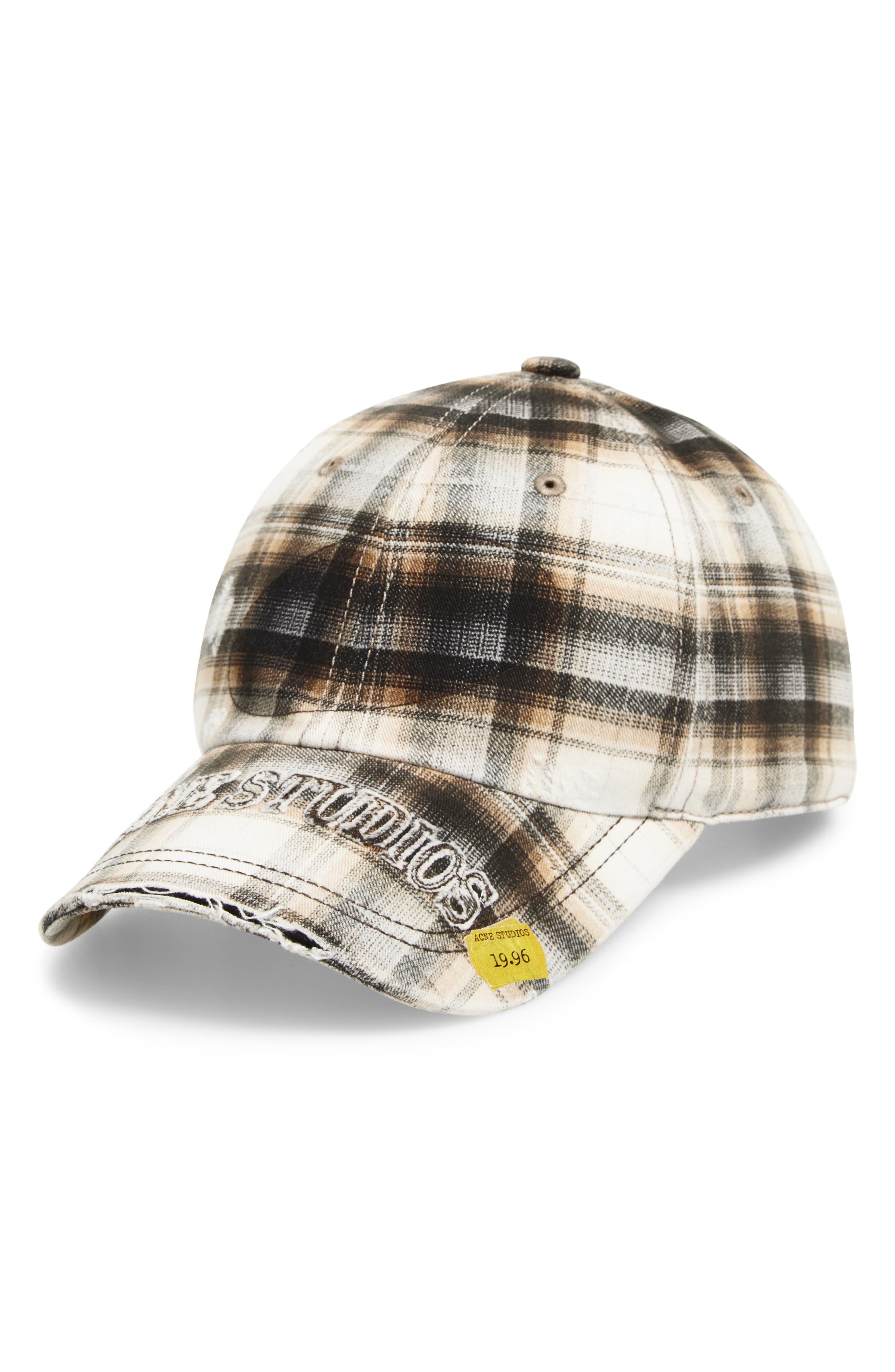 Acne Studios Distressed Plaid Adjustable Baseball Cap in White/Black at Nordstrom - 1