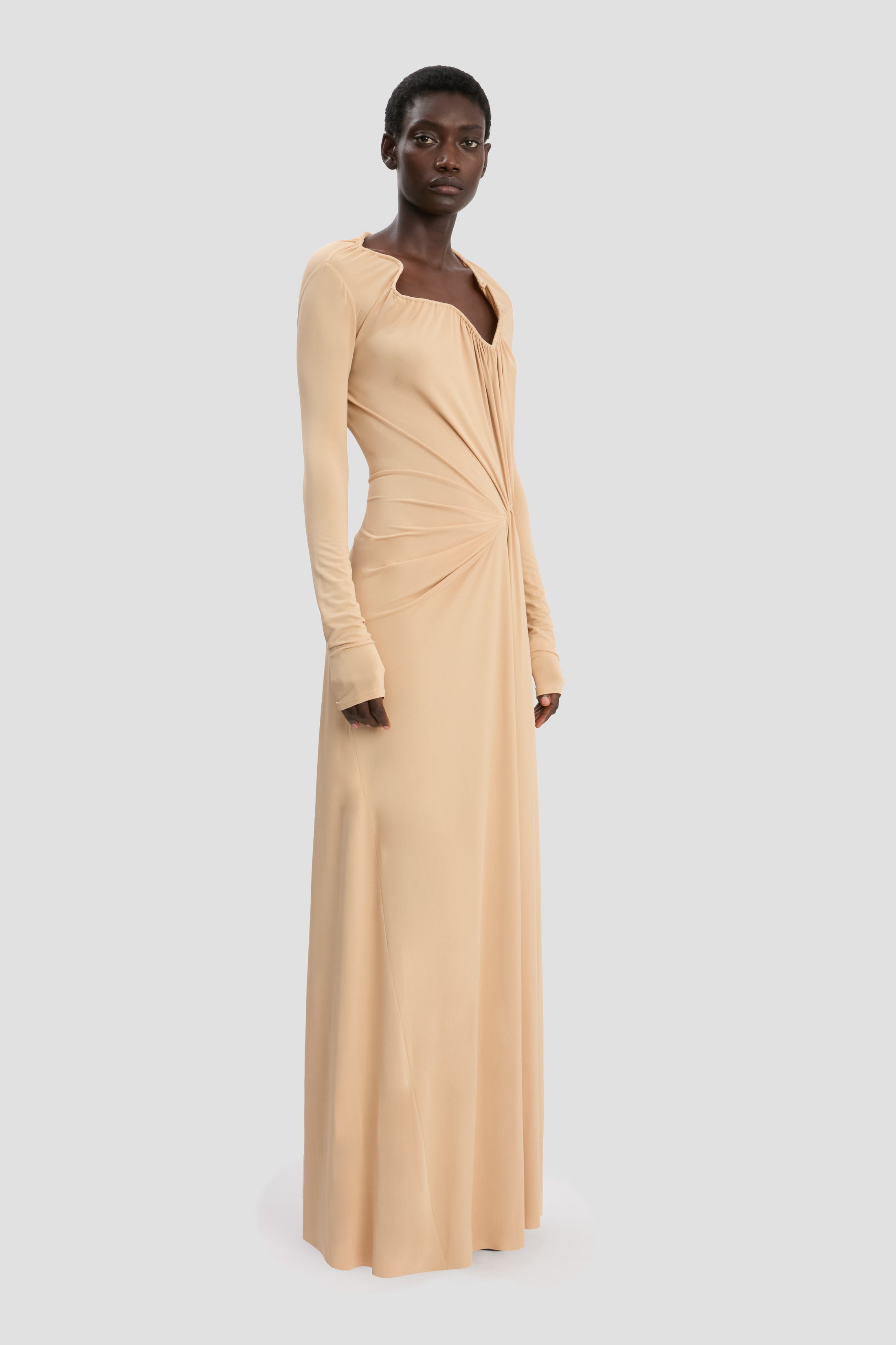 Asymmetric Structured Neckline Gown In Dune Beige - 4