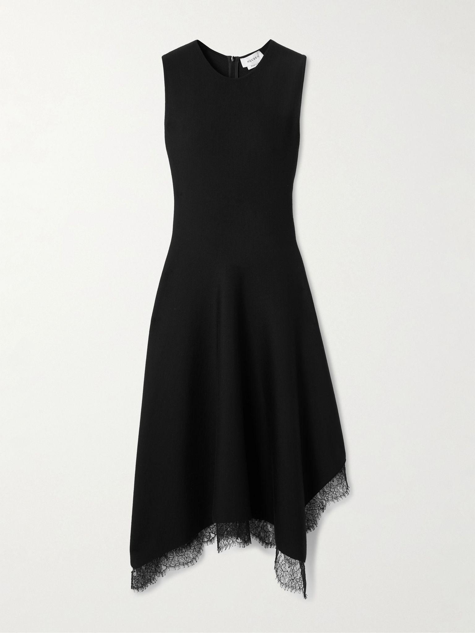 Asymmetric lace-trimmed woven midi dress Black - 1