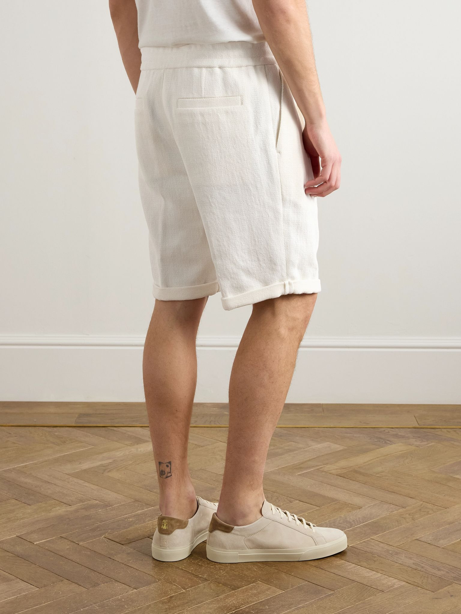 Straight-Leg Pleated Herringbone Cotton and Linen-Blend Drawstring Bermuda Shorts White - 4