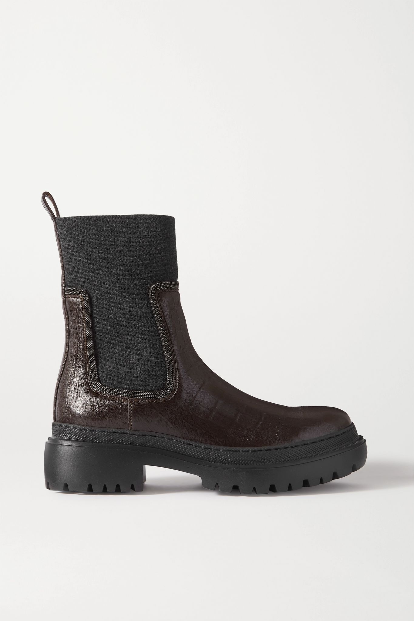 Bead-embellished cashmere-trimmed croc-effect leather Chelsea boots - 1