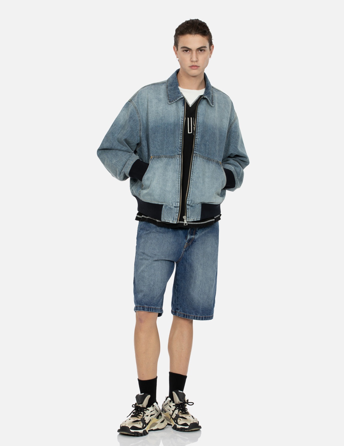 LOGO APPLIQUÉ EMBROIDERY OVERSIZED DENIM BOMBER JACKET - 6