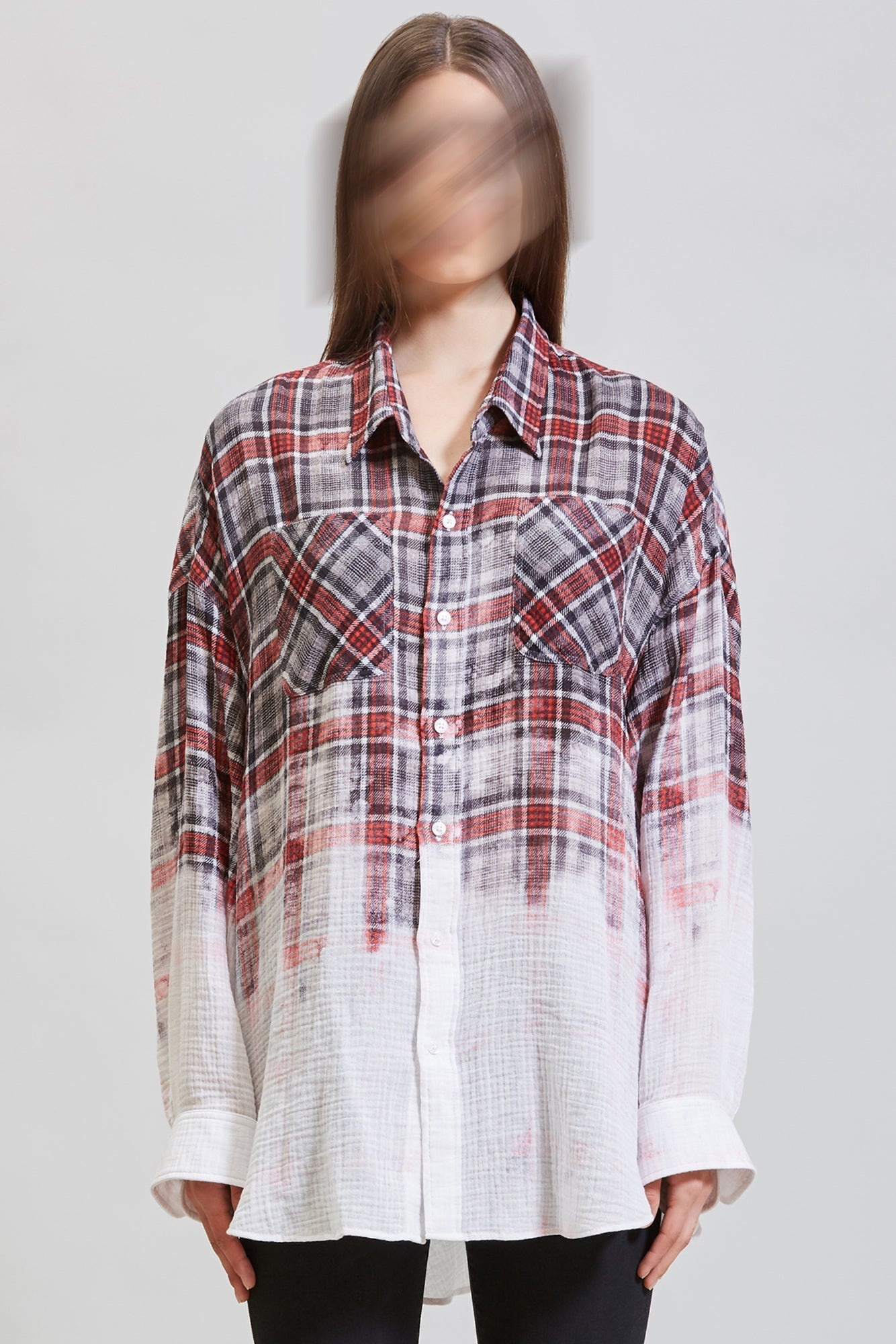 OVERSIZED SHIRT - DIP-BLEACH IMITATION ON GREY PLAID | R13 - 3