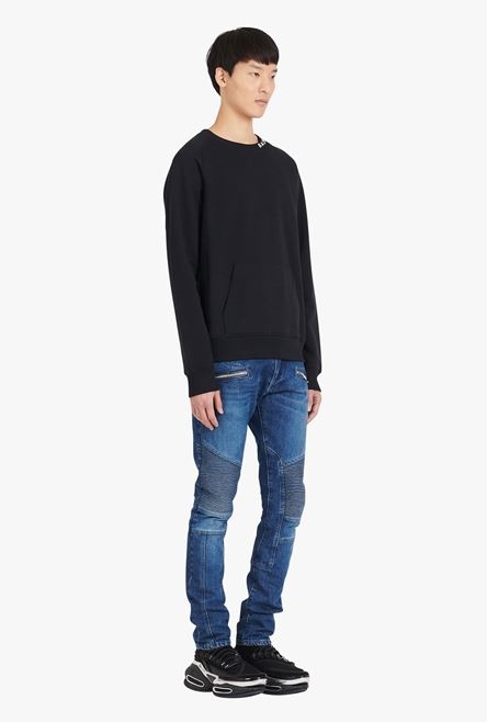 Black cotton sweatshirt with white Balmain logo print neckline - 7