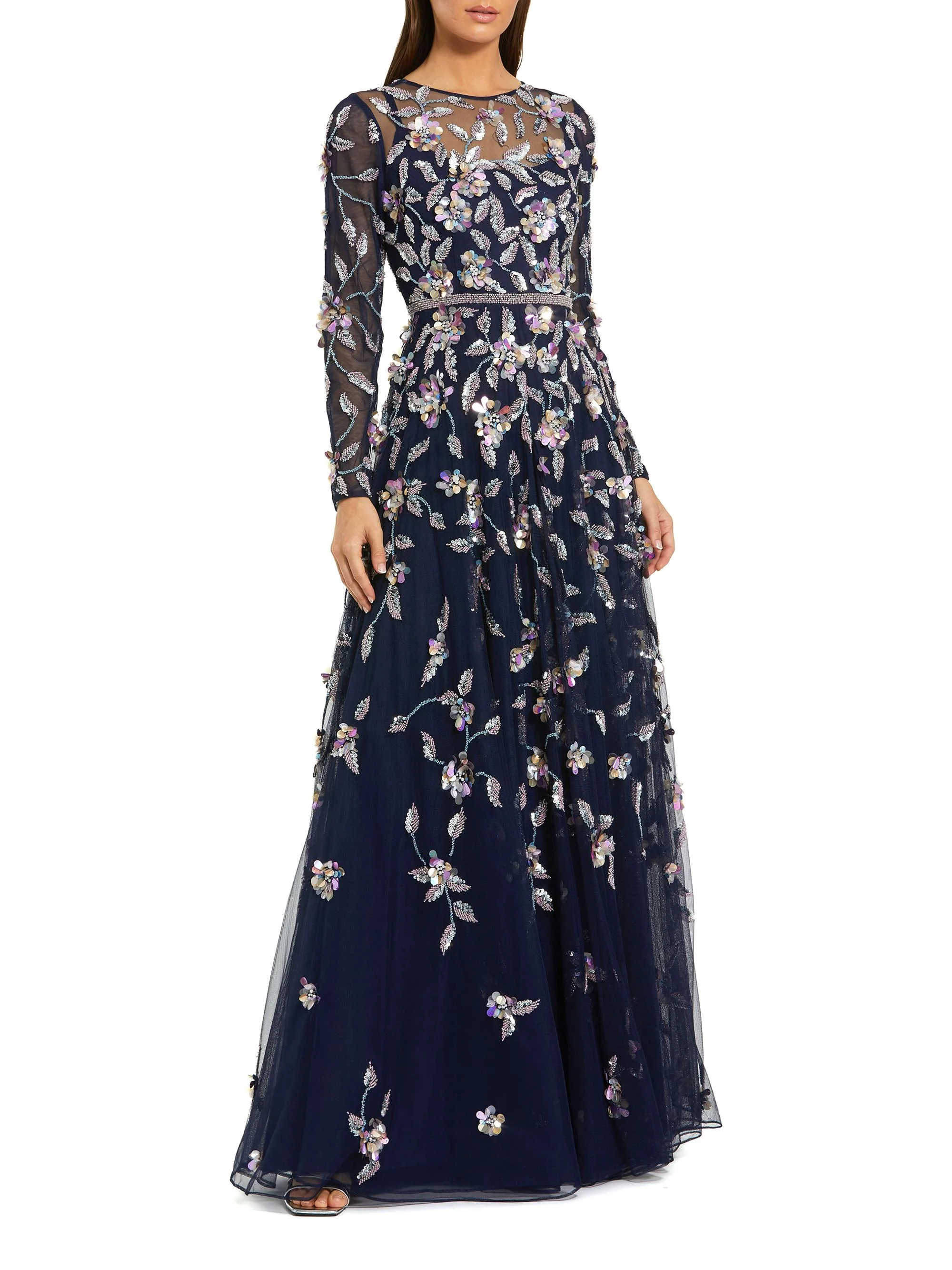 Women's Floral Embellished Mesh Long-Sleeve Gown - Midnight Multi - 1
