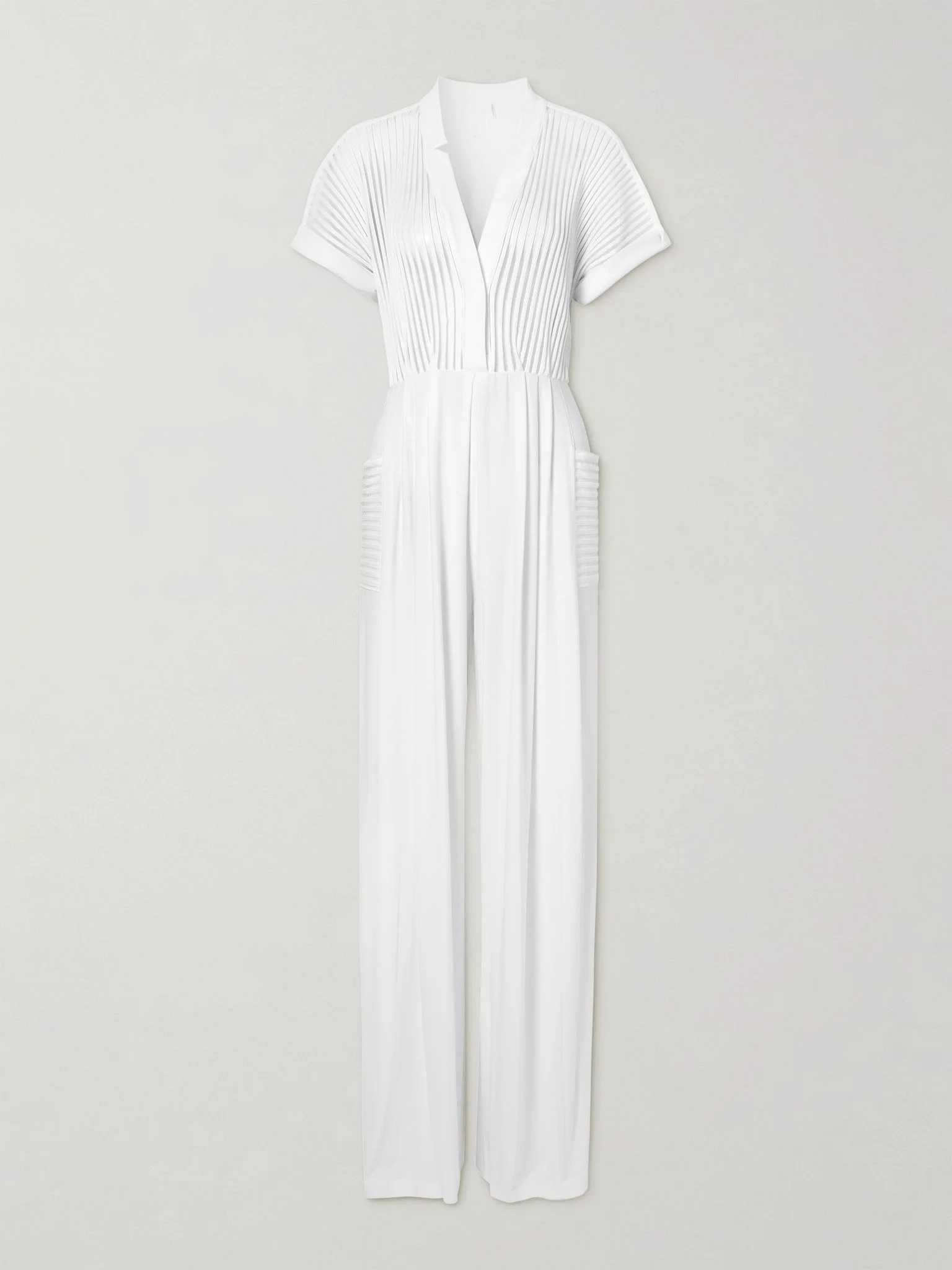 Geralyn belted paneled jersey and mesh jumpsuit White - 1