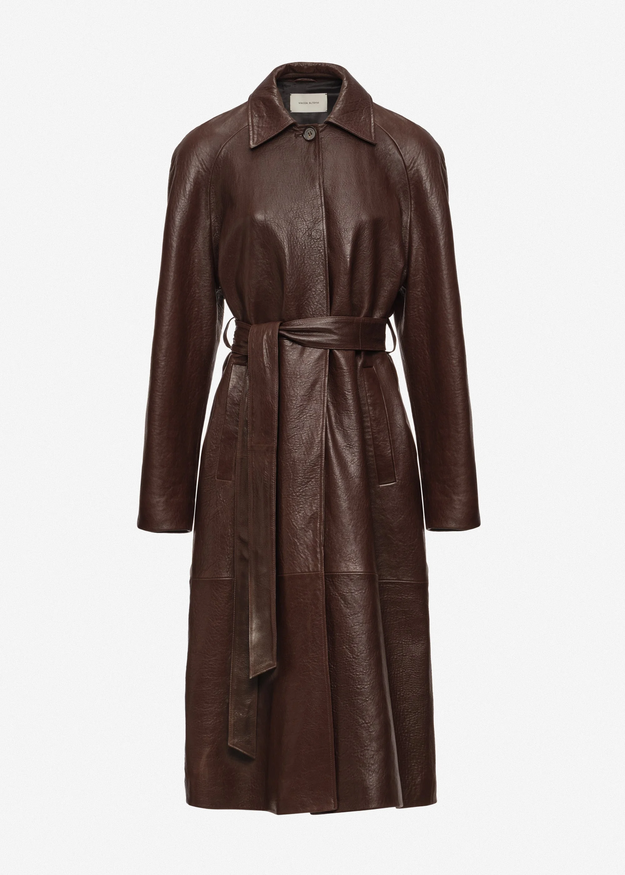Leather belted coat in brown - 1
