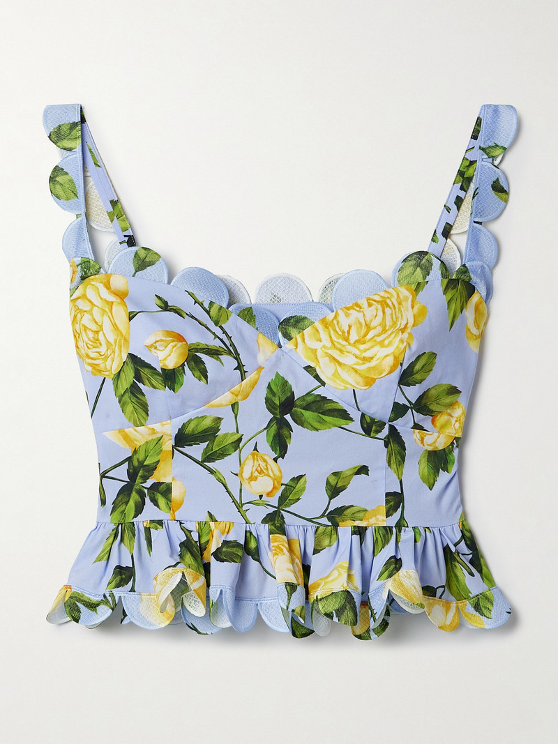 Cropped Scalloped Floral-print Cotton-blend Poplin Top 1