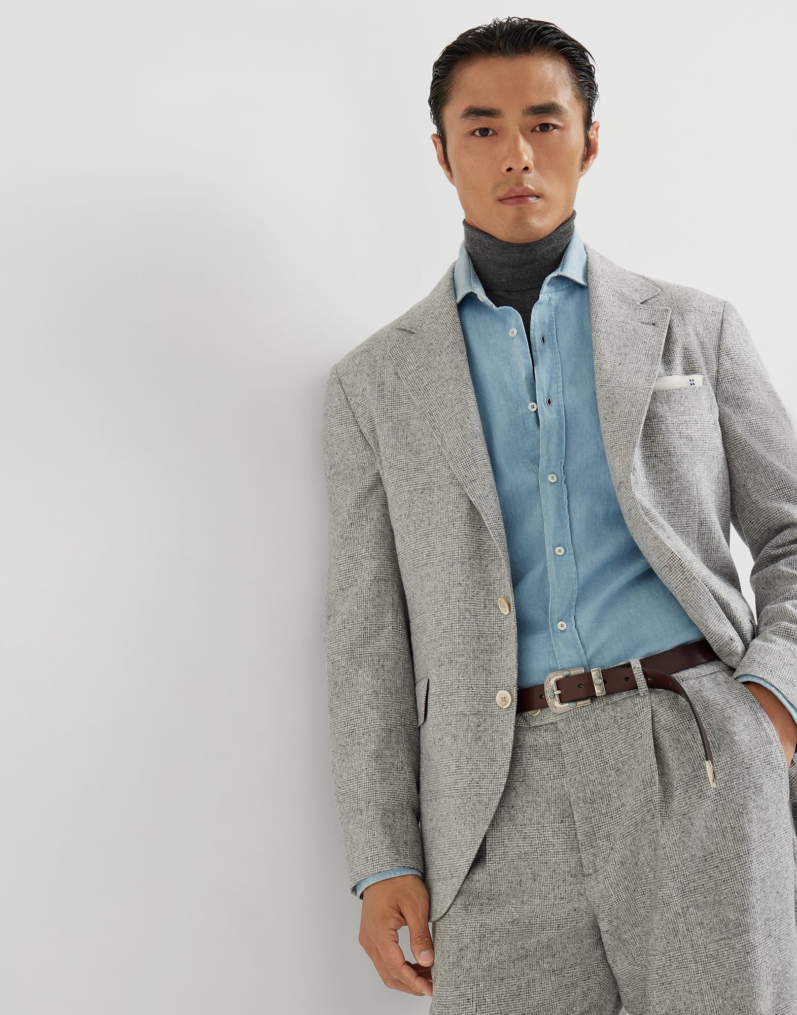 Silk, wool and cashmere flecked Prince of Wales flannel deconstructed blazer - 4