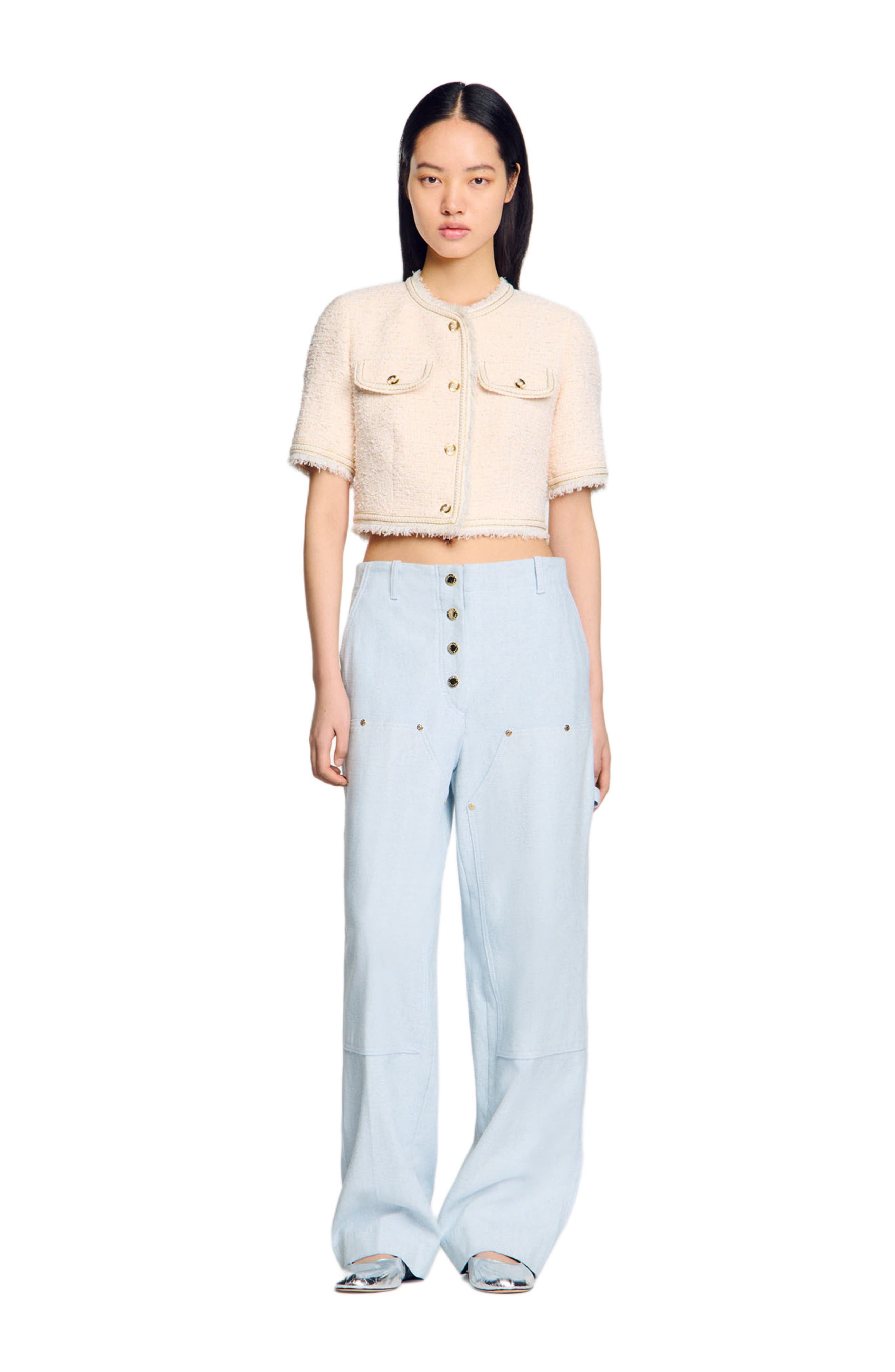 SANDRO Short-sleeved tweed jacket in Ecru /Pink at Nordstrom - 1