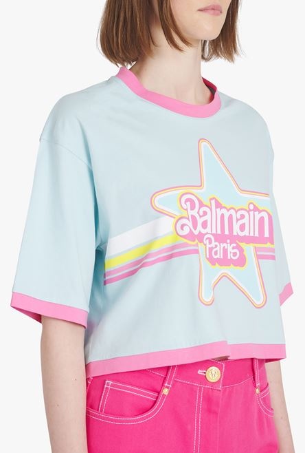 Balmain x Barbie - Blue eco-designed cotton cropped T-shirt with pink Balmain logo print - 6