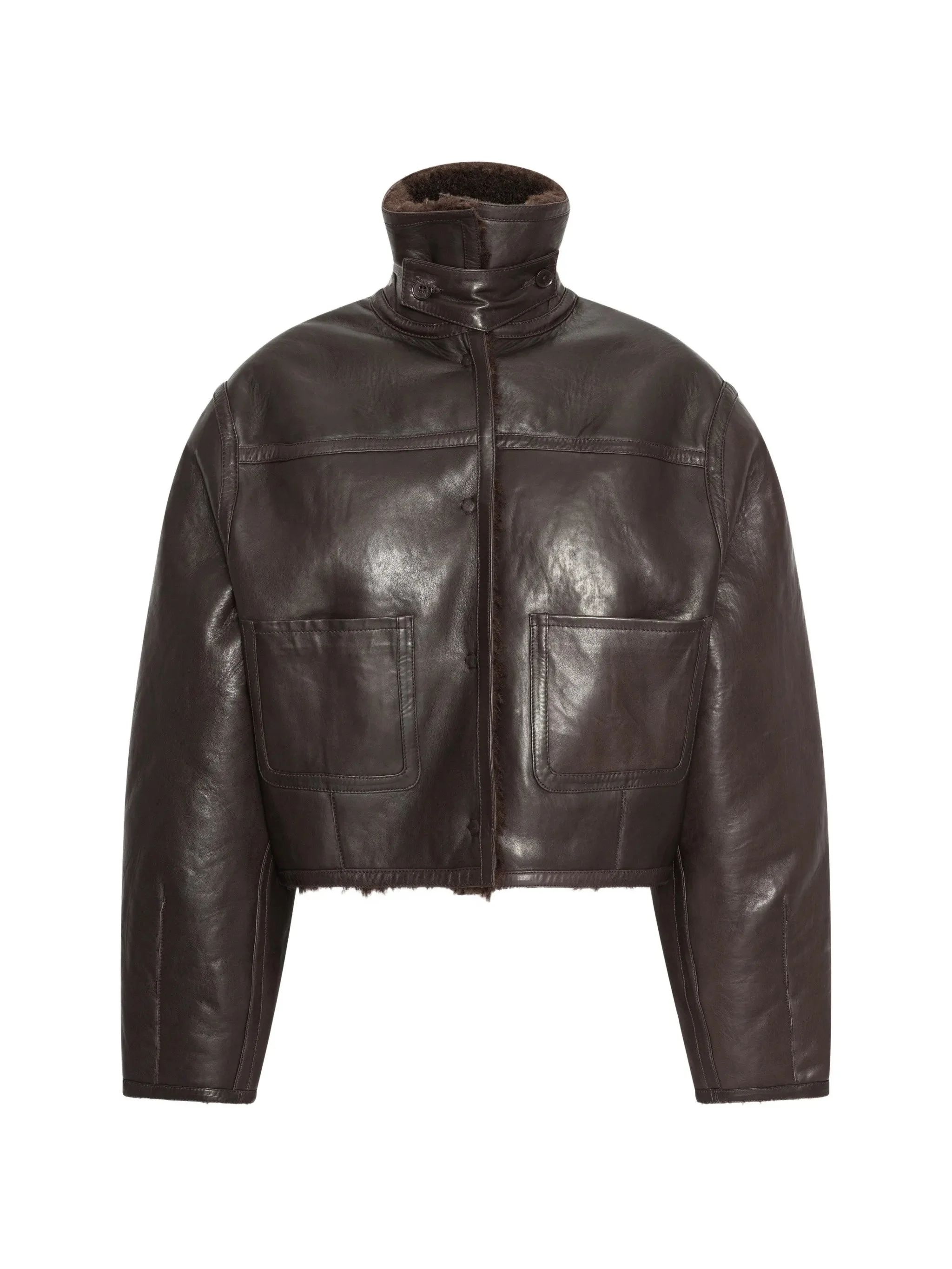Rotate Bonded Fur Leather Jacket Dark Brown - 1