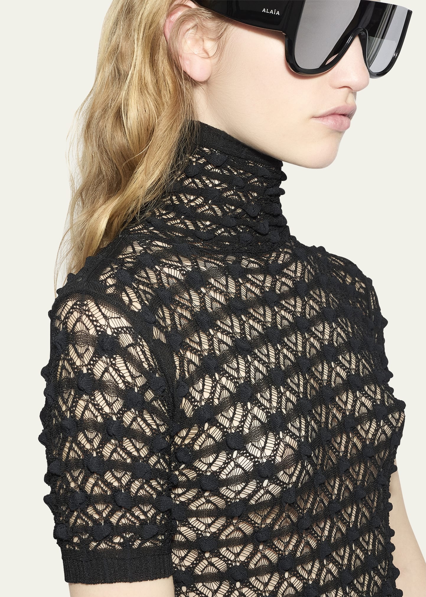 Mock-Neck Short-Sleeve Sheer Lace Gown - 5