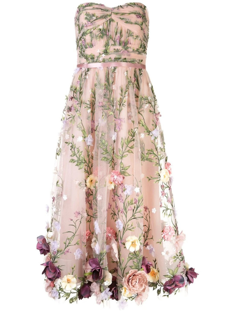 STRAPLESS 3D FLORAL EMBROIDERED TEA-LENGTH MIDI DRESS 5