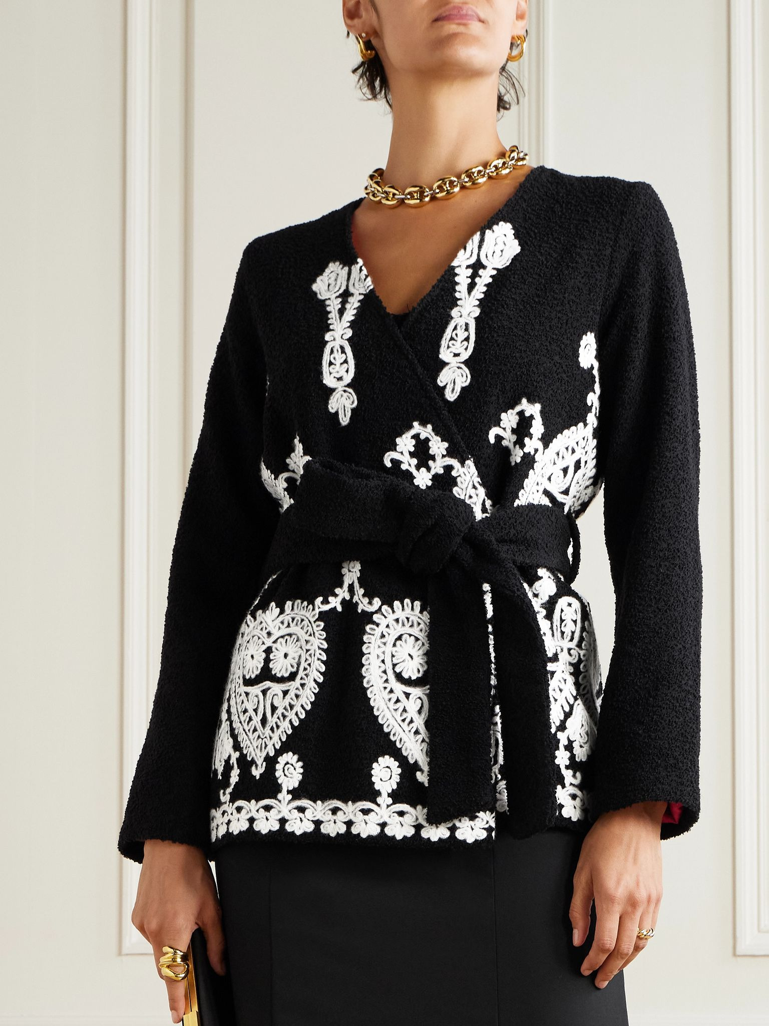 Elbaite belted embroidered wool-blend bouclé jacket Black - 3