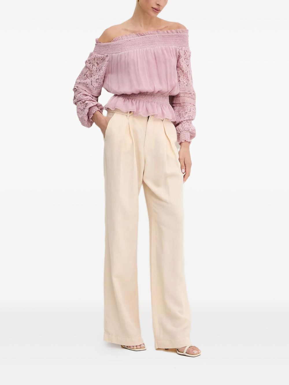 lace-sleeves smocked blouse - 2