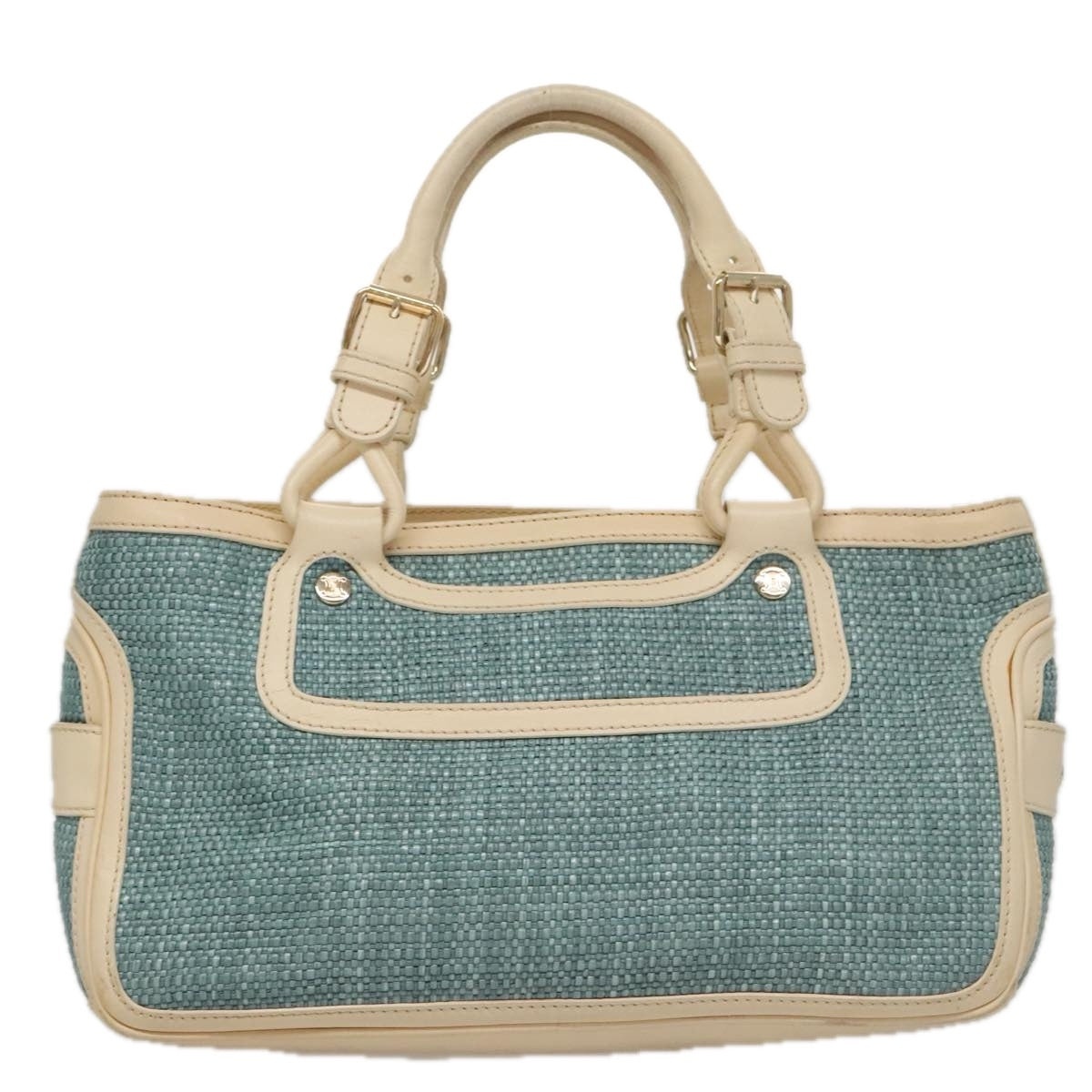 CELINE Hand Bag Straw Leather Blue Cream Gold - 2