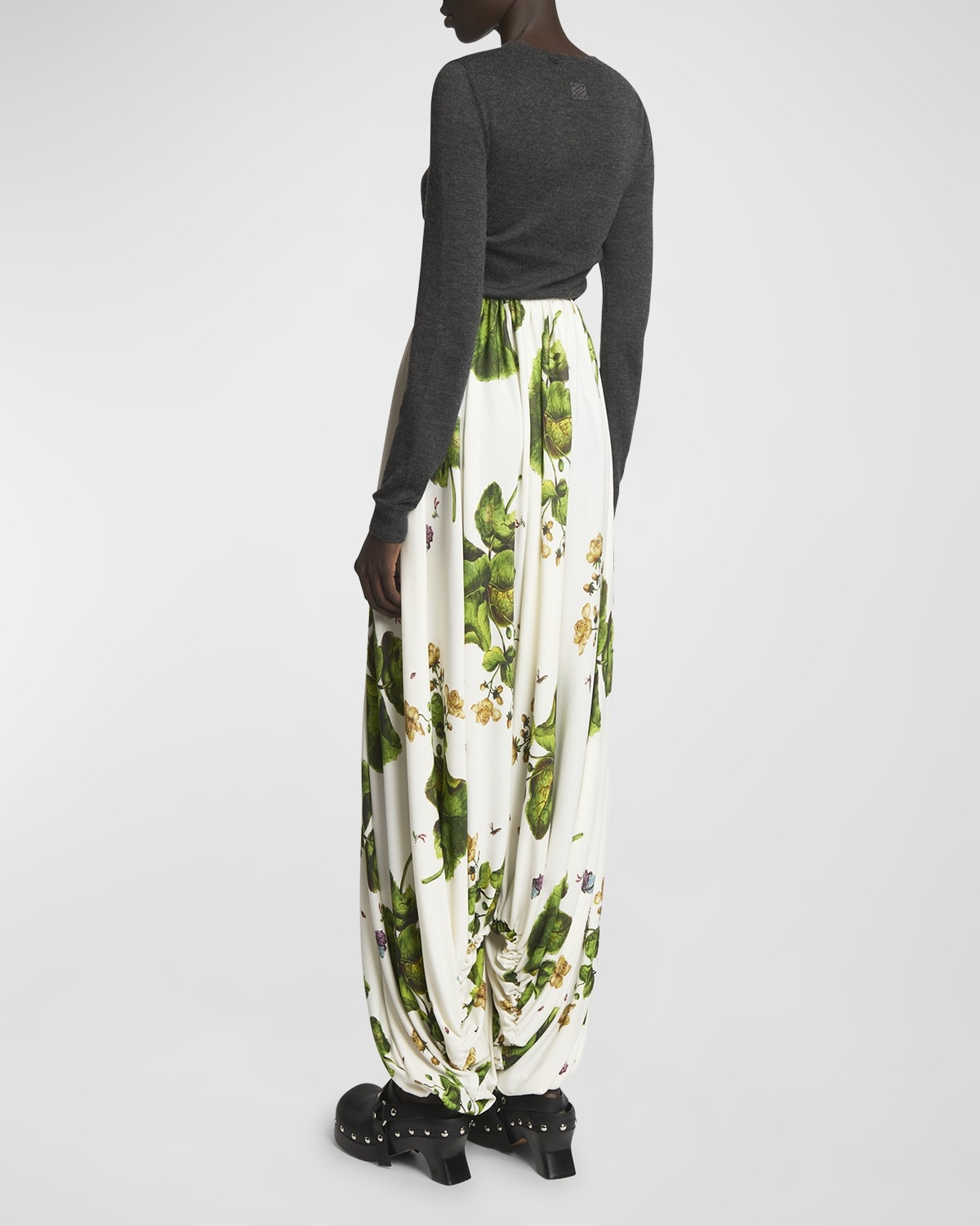 Leaf-Print Draped Wide-Leg Trousers - 4