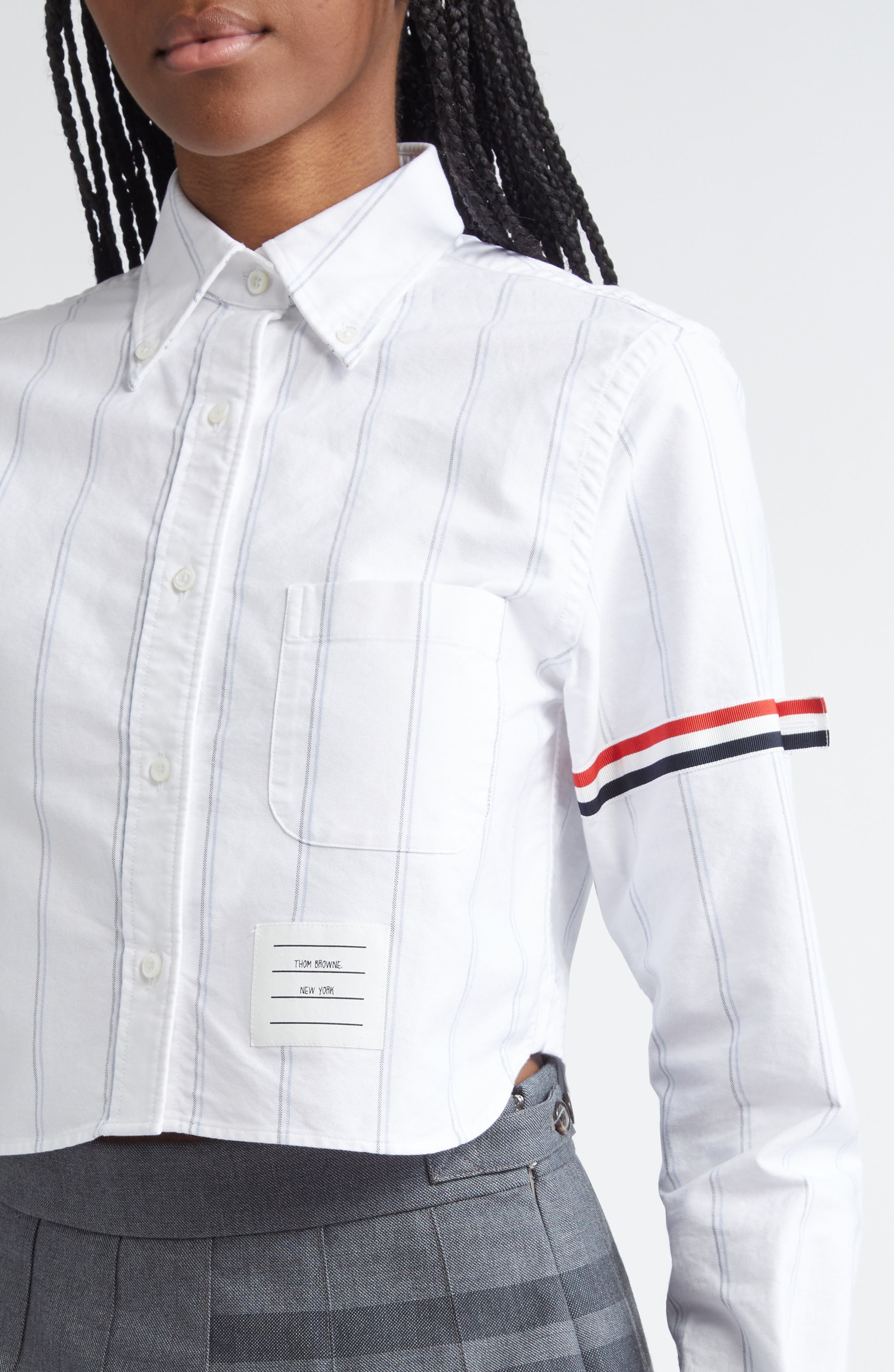 Thom Browne Armband Stripe Cotton Poplin Crop Button-Down Shirt in White at Nordstrom - 4