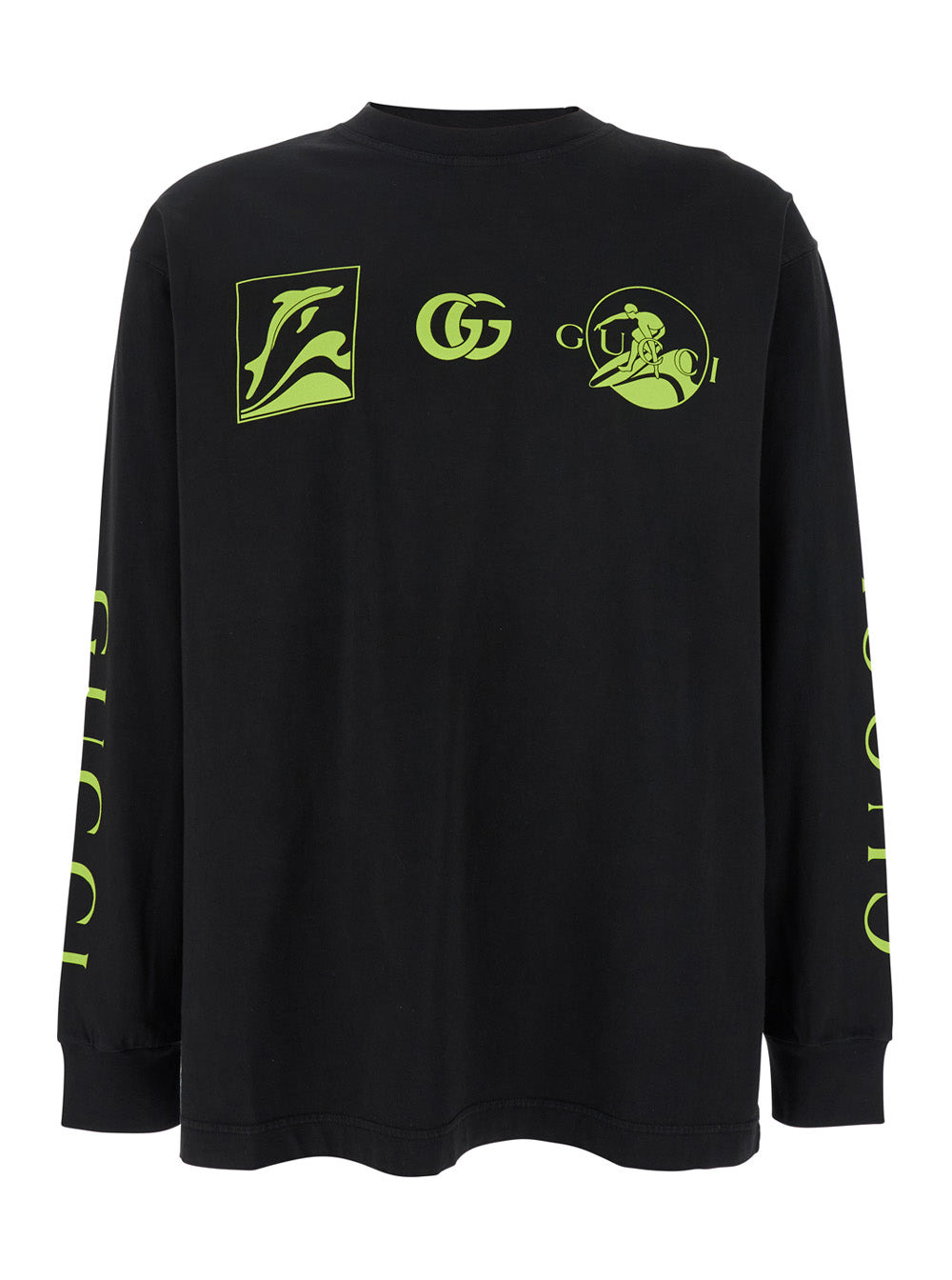 Gucci Men Black Crewneck T-Shirt With All-Over Prints And Maxi Logo Lettering On The Sleeves In Cott - 1