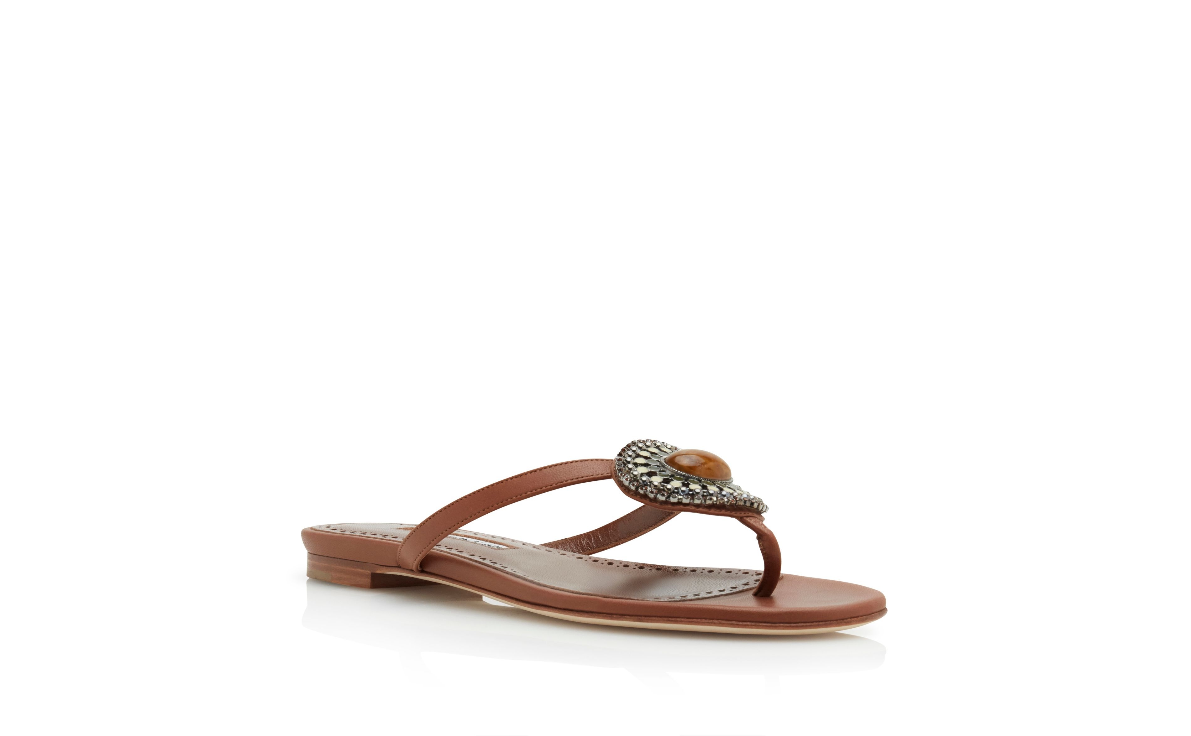 Brown Nappa Leather Jewel Flat Sandals - 3