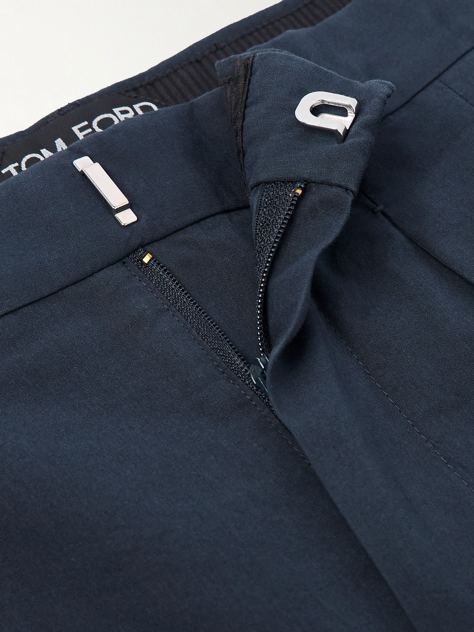 Straight-Leg Pleated Cotton and Silk-Blend Poplin Trousers Navy - 6