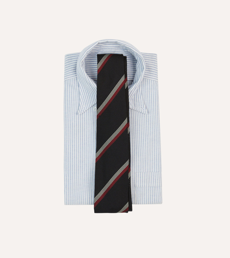 Drake's Black, White and Red Stripe Hand Rolled Silk Grenadine Tie outlook