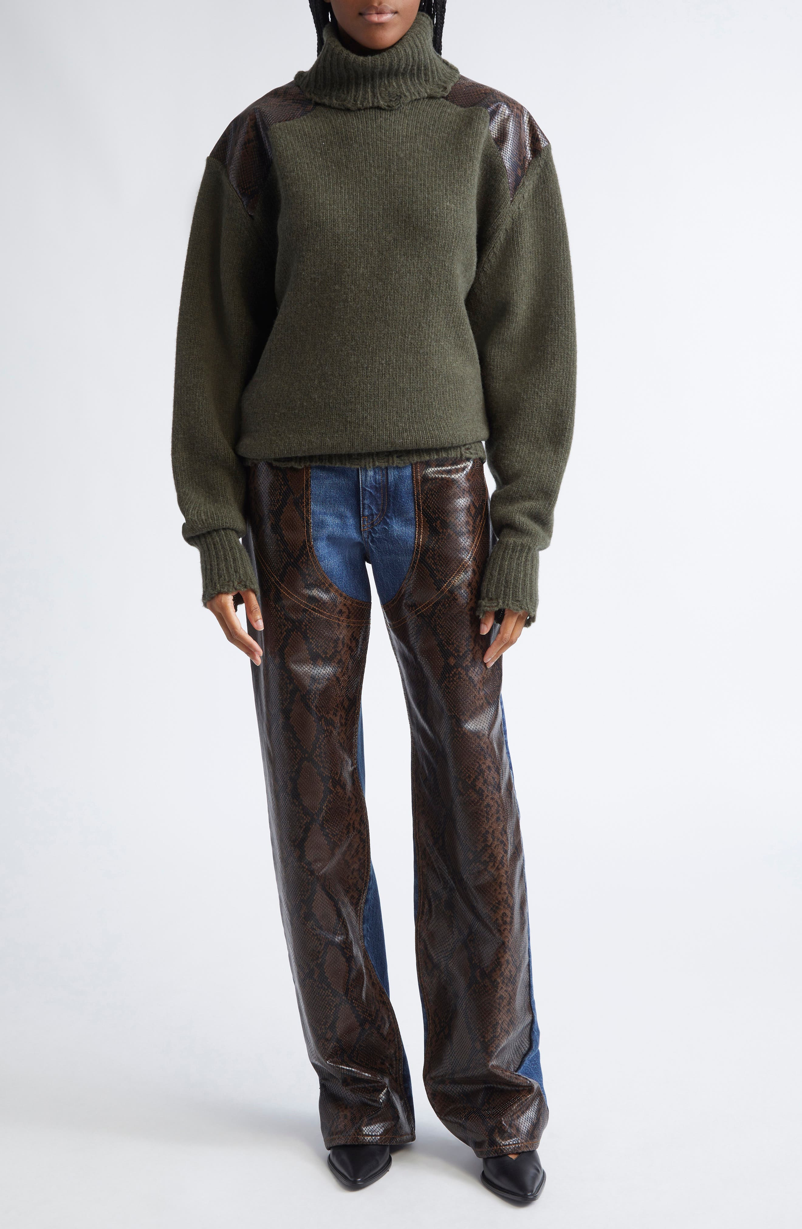 Stella McCartney Snakeskin Embossed Faux Leather & Virgin Wool Sweater in Dark Khaki at Nordstrom - 2