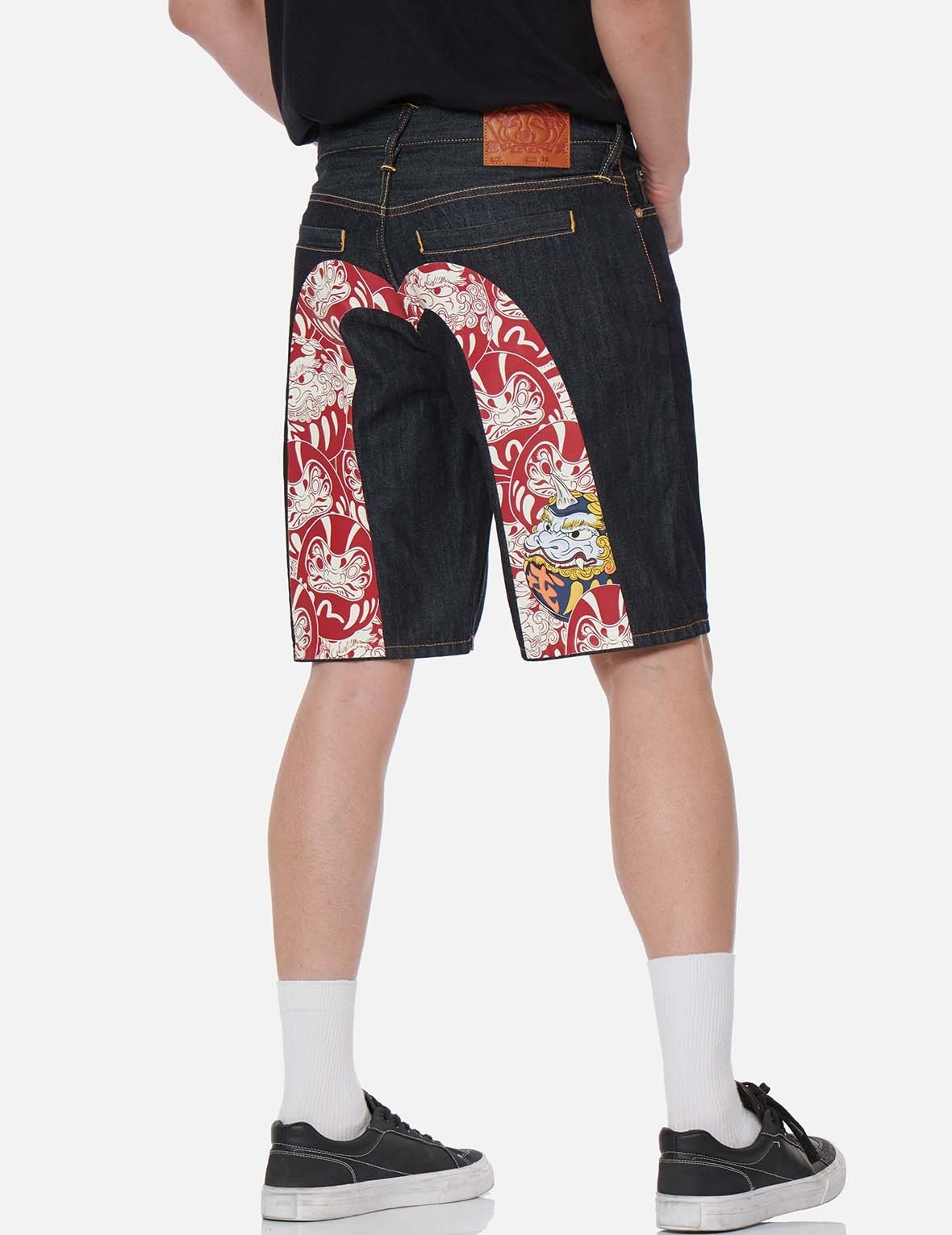DARUMA BUDDIES PATTERN DAICOCK PRINT DENIM SHORTS - 3
