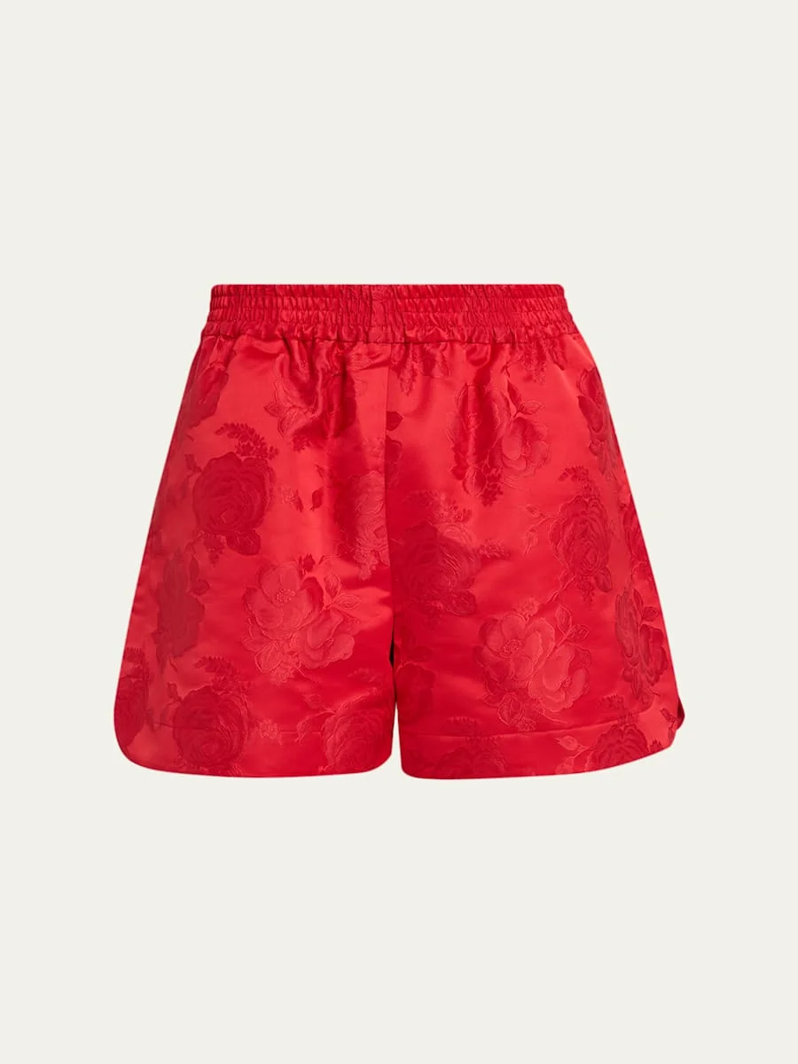 Men's Red Satin Rose Split Hem Shorts - 1