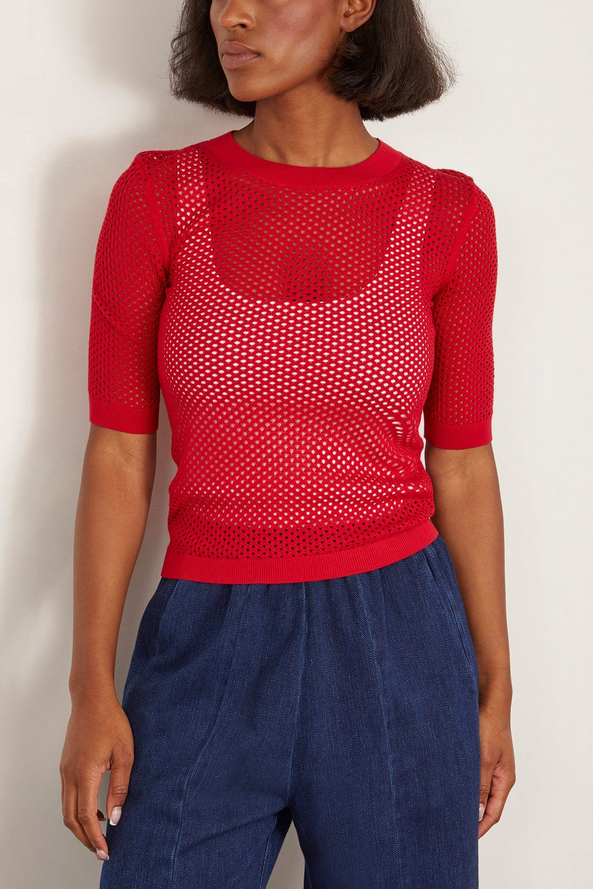 Mesh Cropped Sleeve Sweater in Red - 4