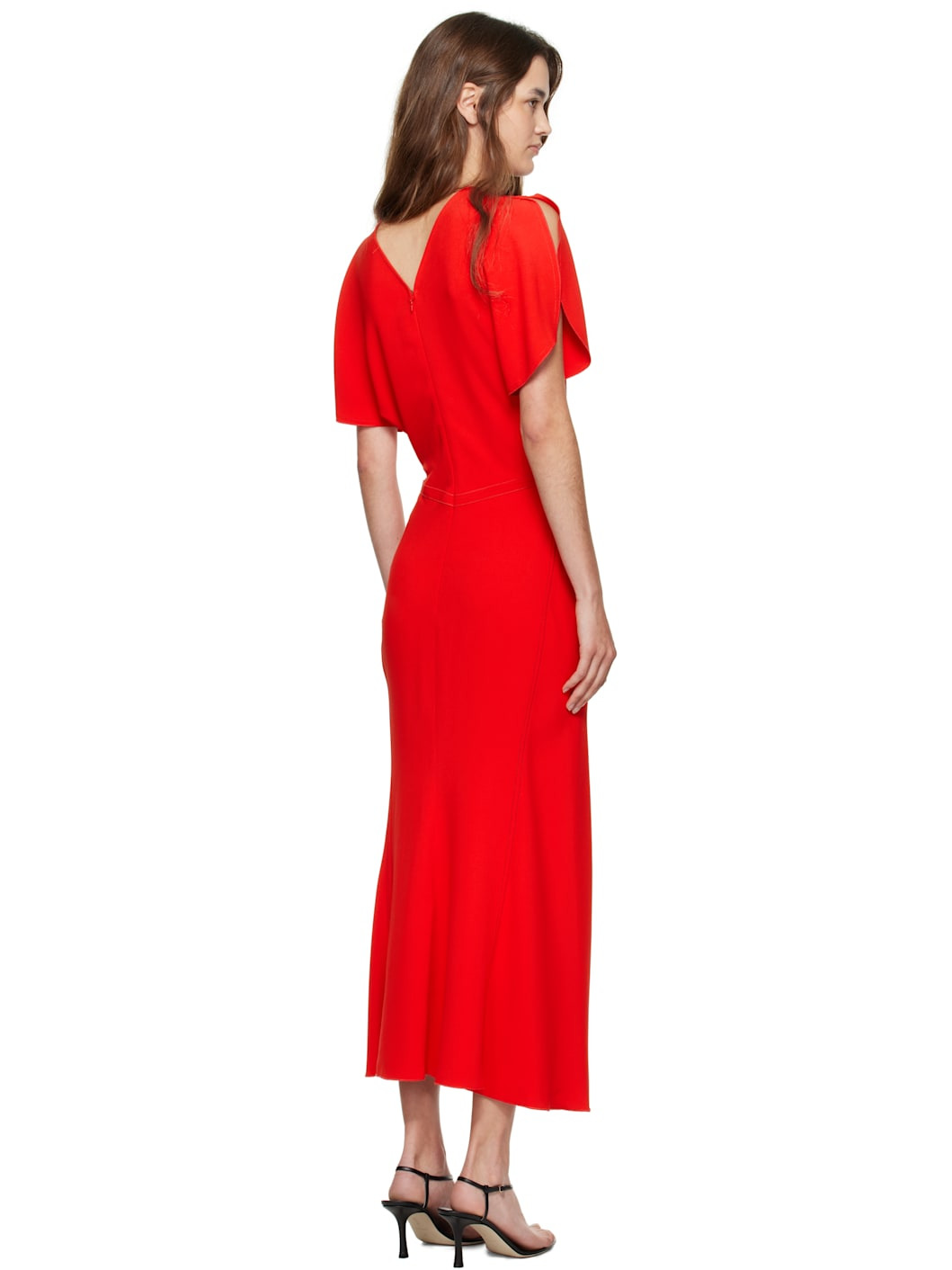 Red Gathered Waist Midi Dress - 3