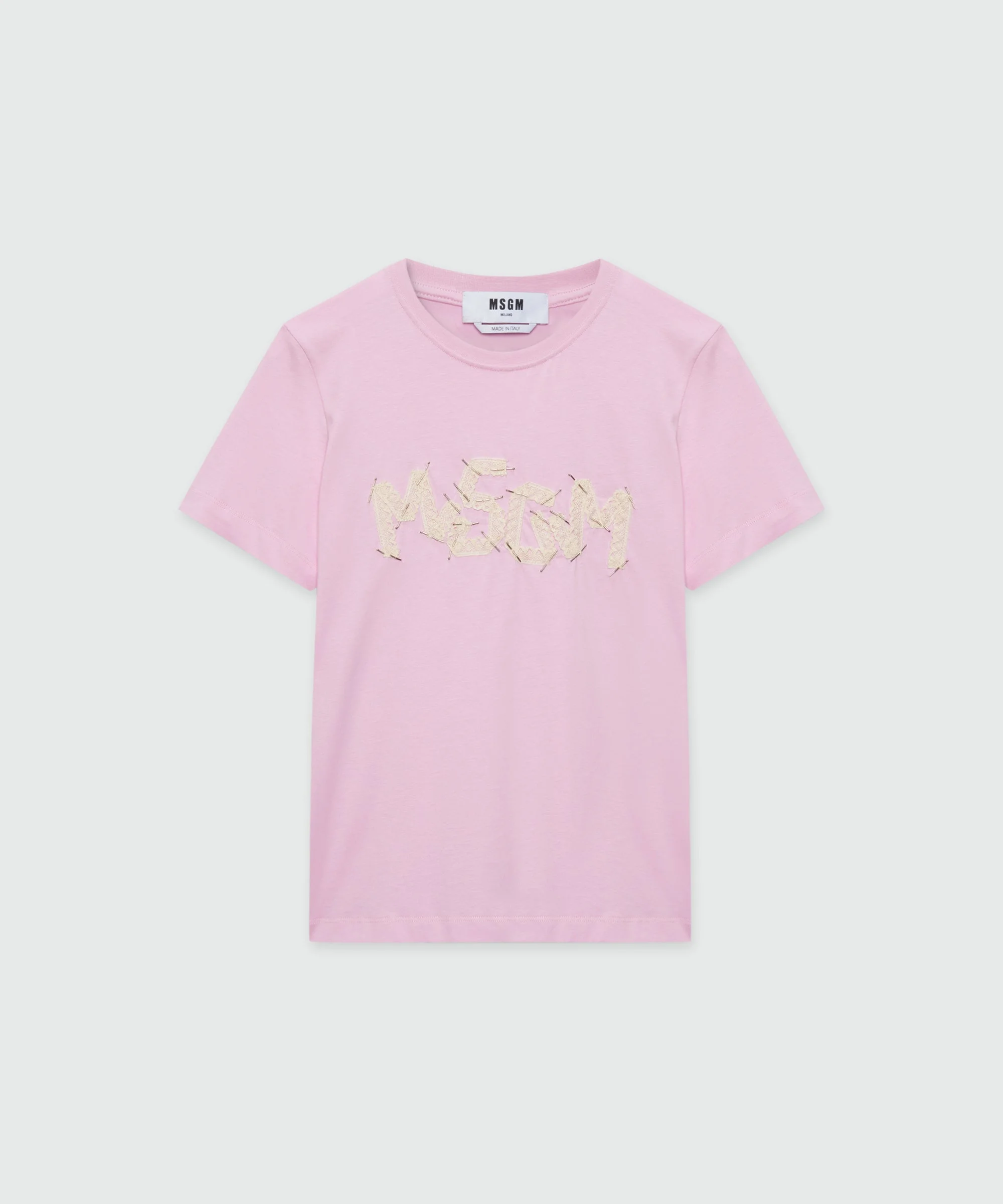 Pink short-sleeve cotton jersey T-shirt with MSGM embroidery - 1