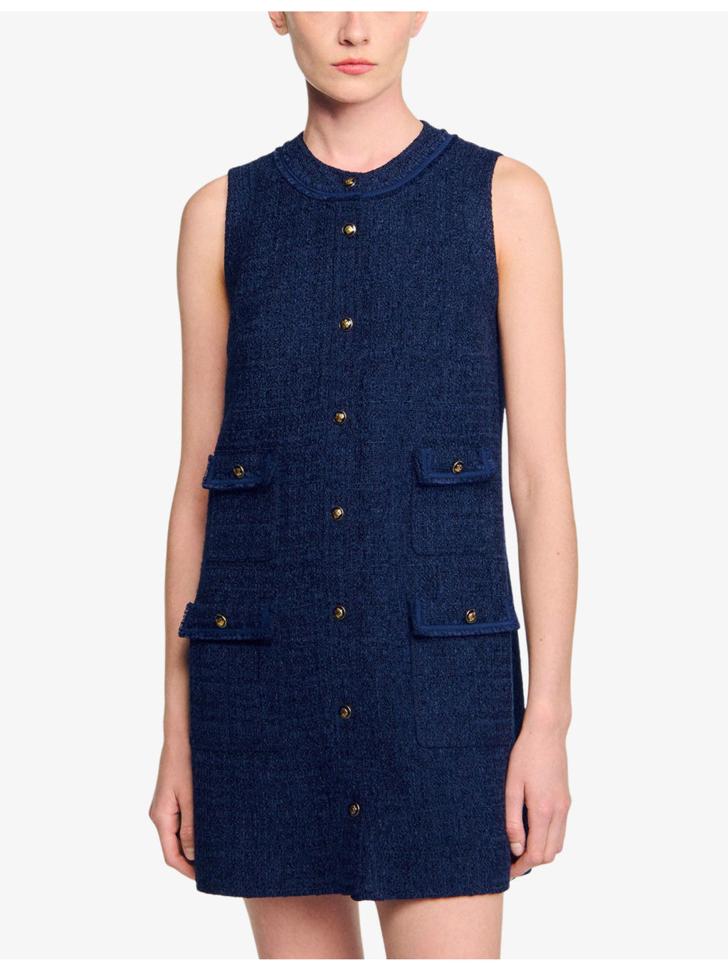Flap-Pocket Sleeveless Tweed Mini Dress - 3