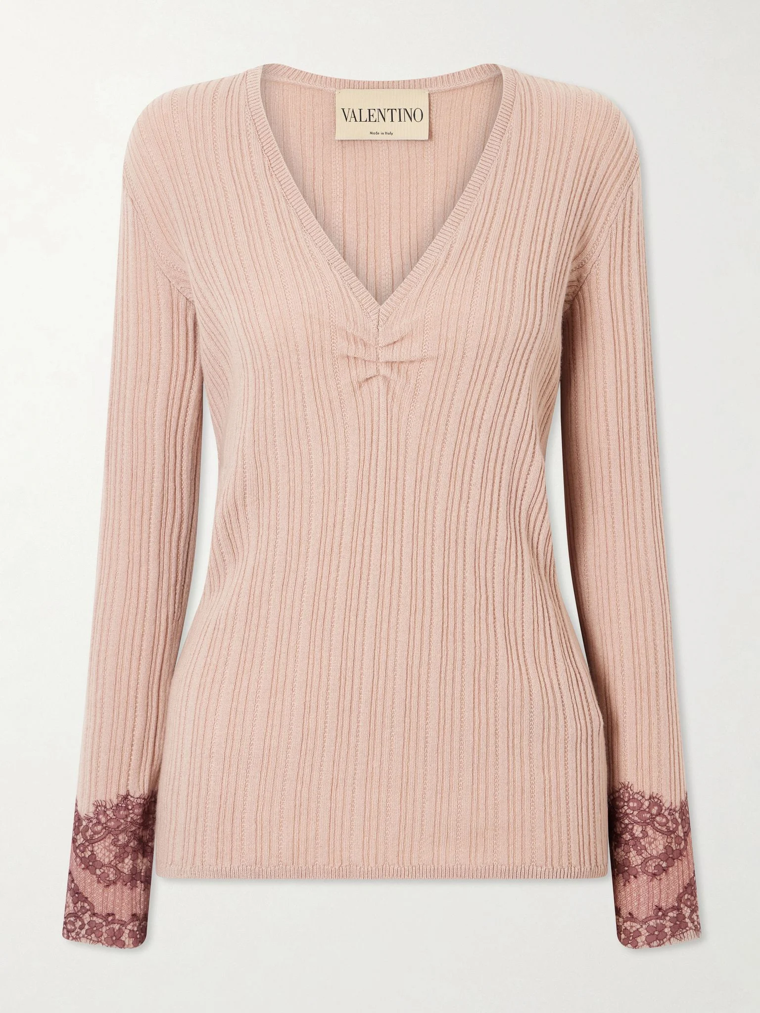 Lace-trimmed ribbed cashmere sweater Neutral - 1