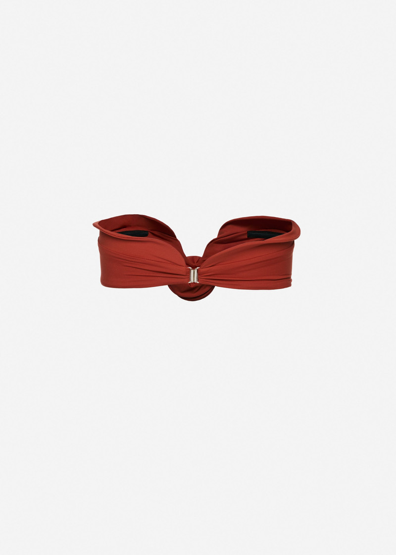Sculptural bandeau swim top in orange 2