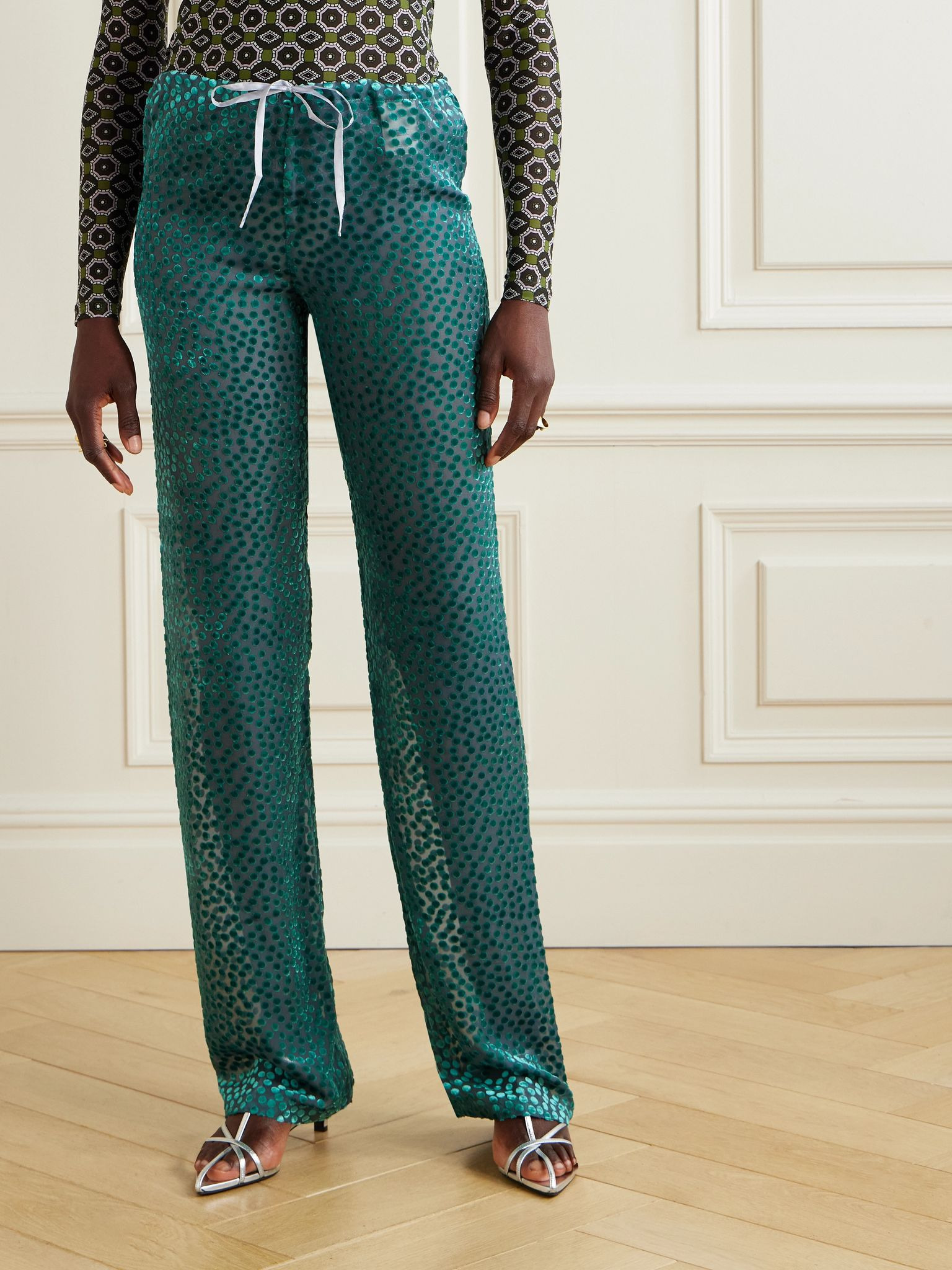 Polka-dot devoré-velvet straight-leg pants Green - 3