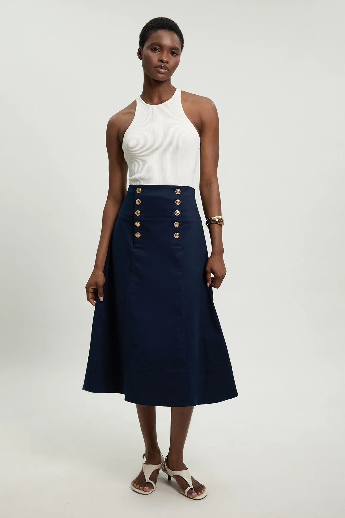 Petite Cotton Tailored Button Detail Midi Skirt - 1